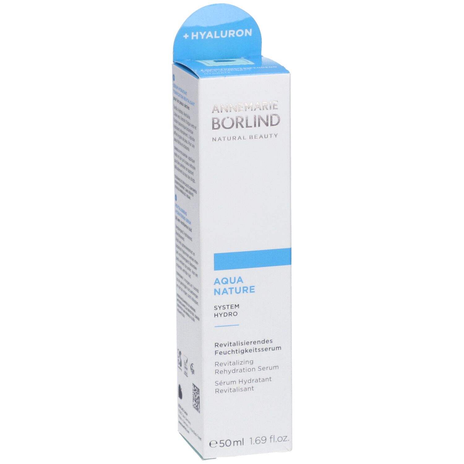 Vorderseite der Verpackung des AQUA NATURE Serums. Marke: Annemarie Börlind. Weiß, blau. Mit Hyaluron-Hinweis.