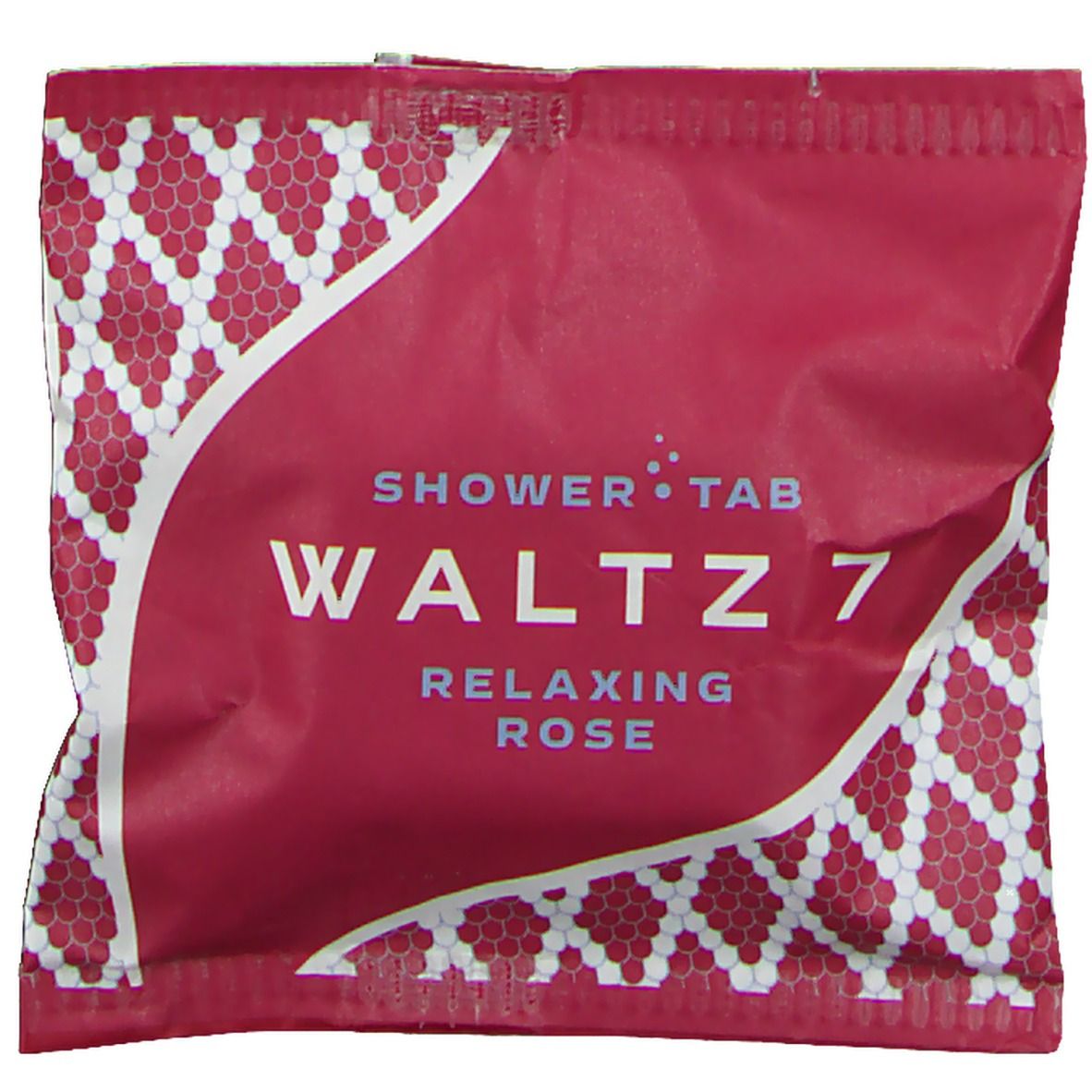 Emballage rouge carré avec motif losanges blancs. Inscription: SHOWER TAB WALTZ 7 RELAXING ROSE.