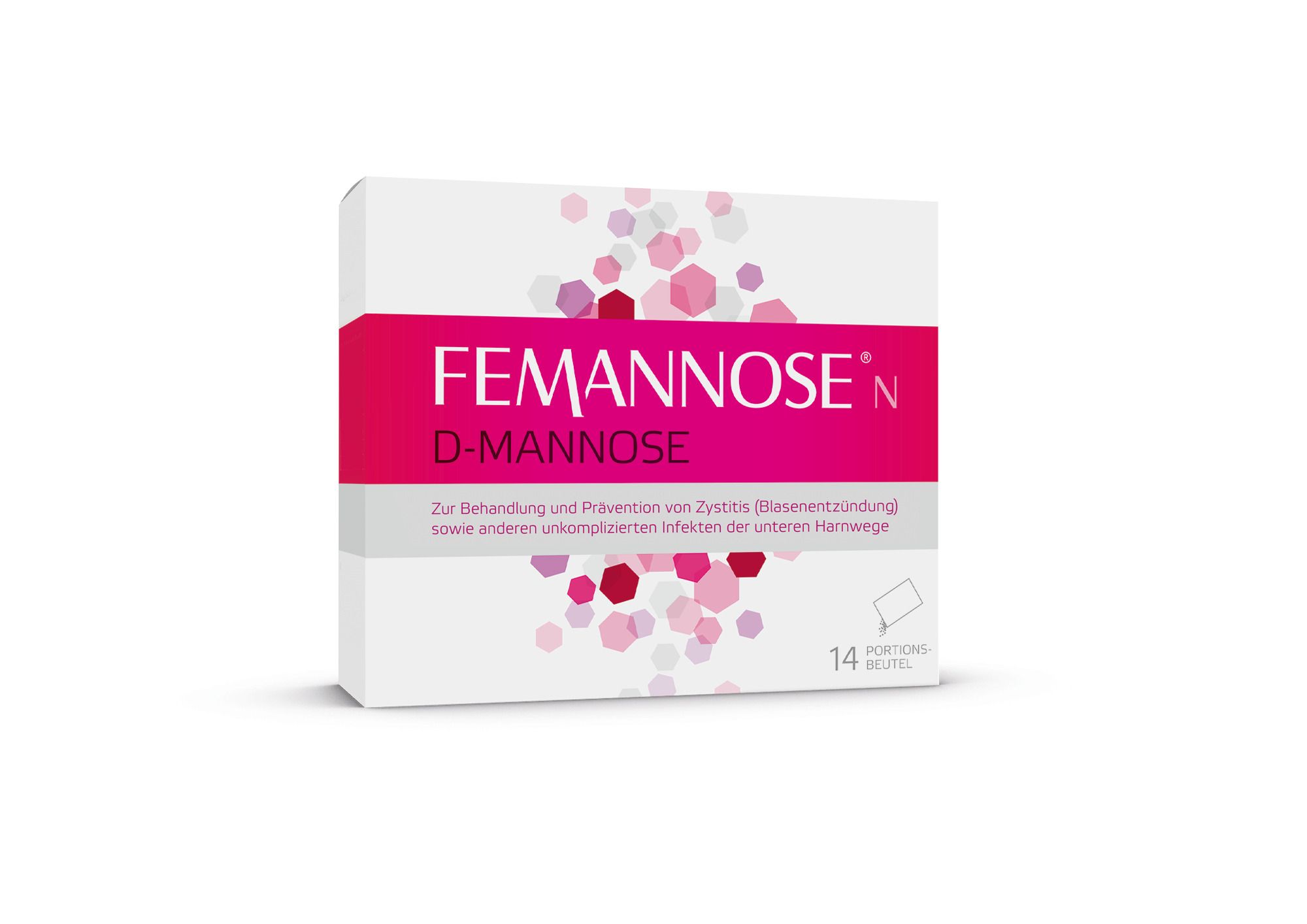 FEMANNOSE® N D-Mannose Packung. Weiße Schachtel mit pinkfarbenem Streifen und Logo. 14 Beutel.