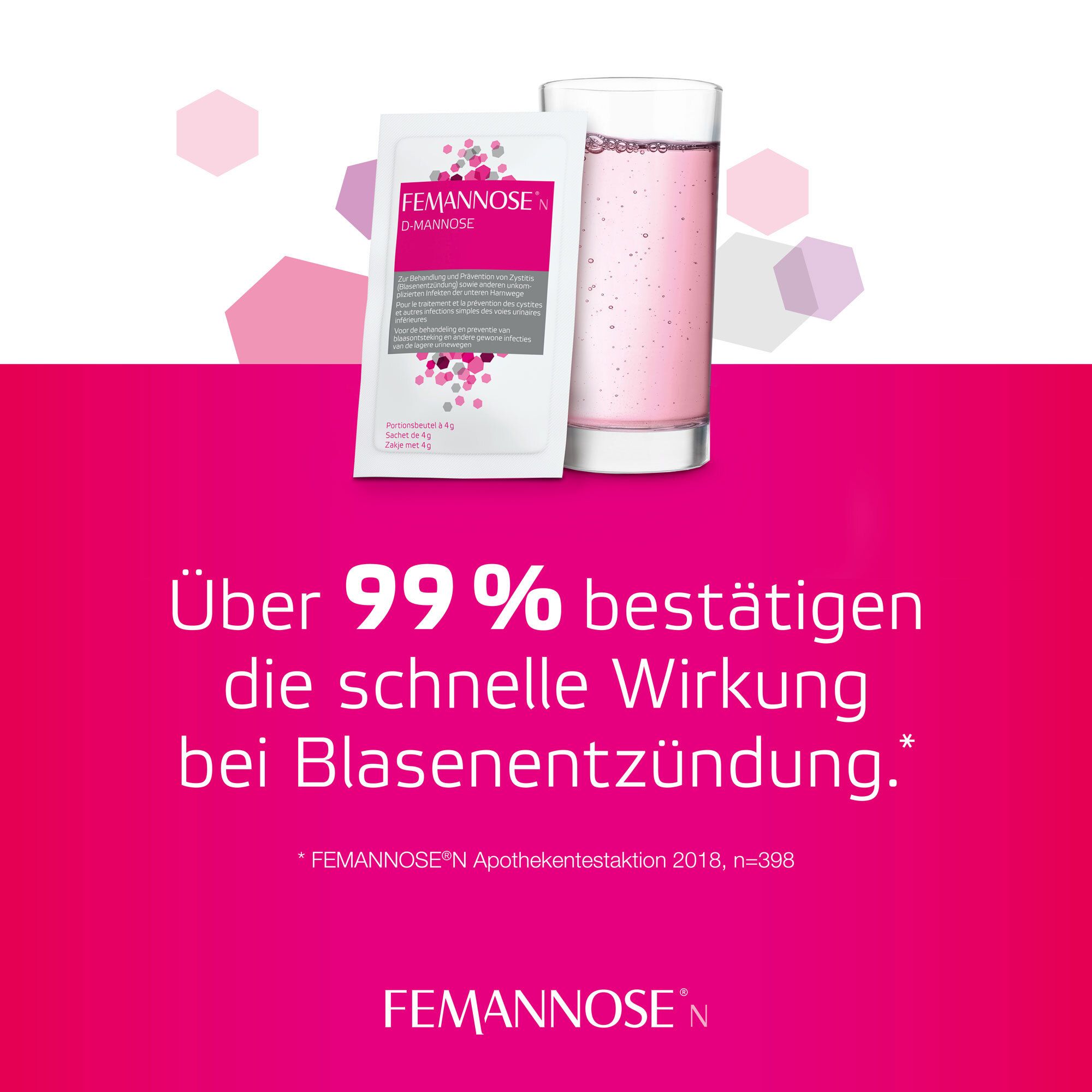 FEMANNOSE® N-Beutel und Glas mit rosa Flüssigkeit. Text: Über 99% bestätigen die schnelle Wirkung bei Blasenentzündung.