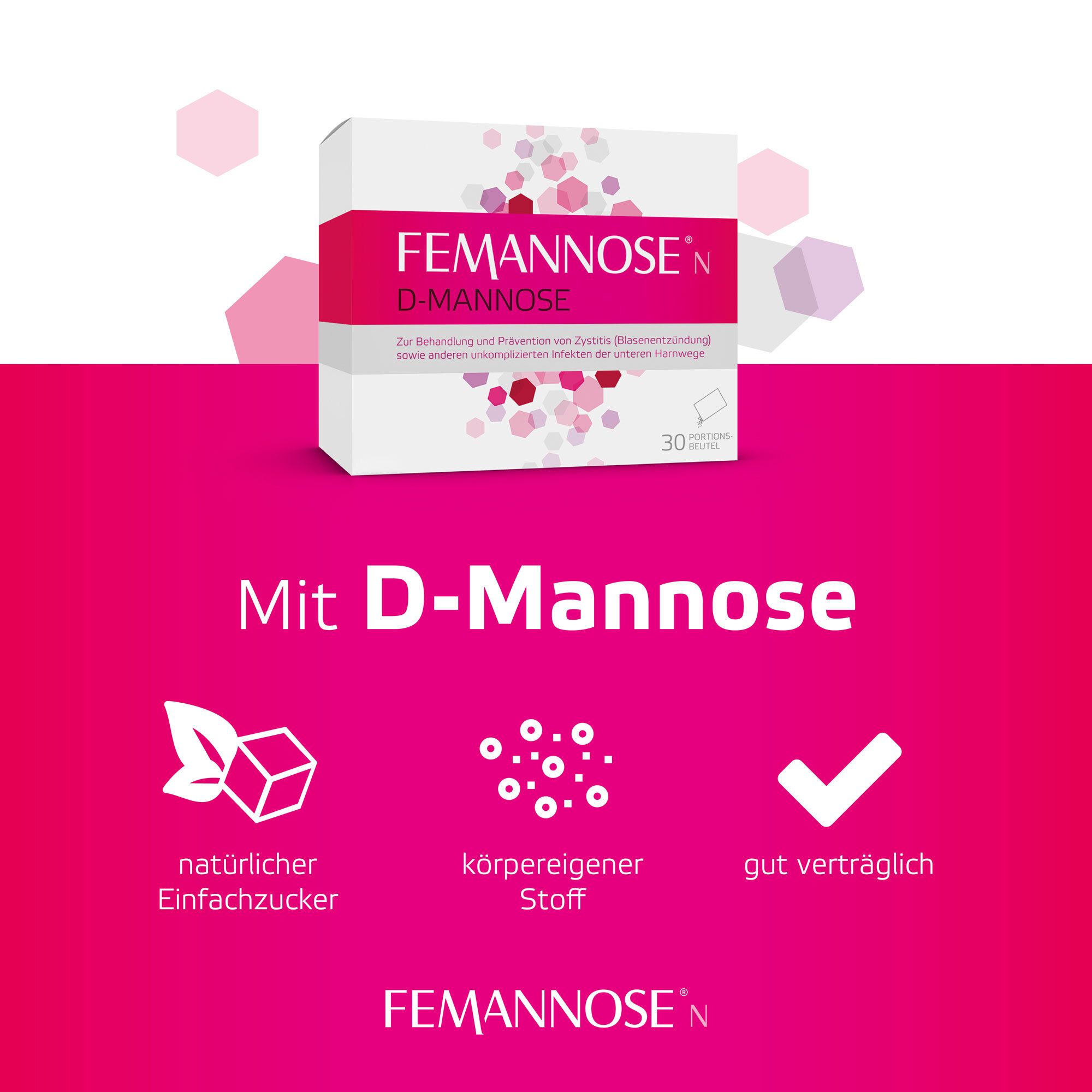 FEMANNOSE® N Packung. Text: Mit D-Mannose, natürlicher Einfachzucker, körpereigener Stoff, gut verträglich.
