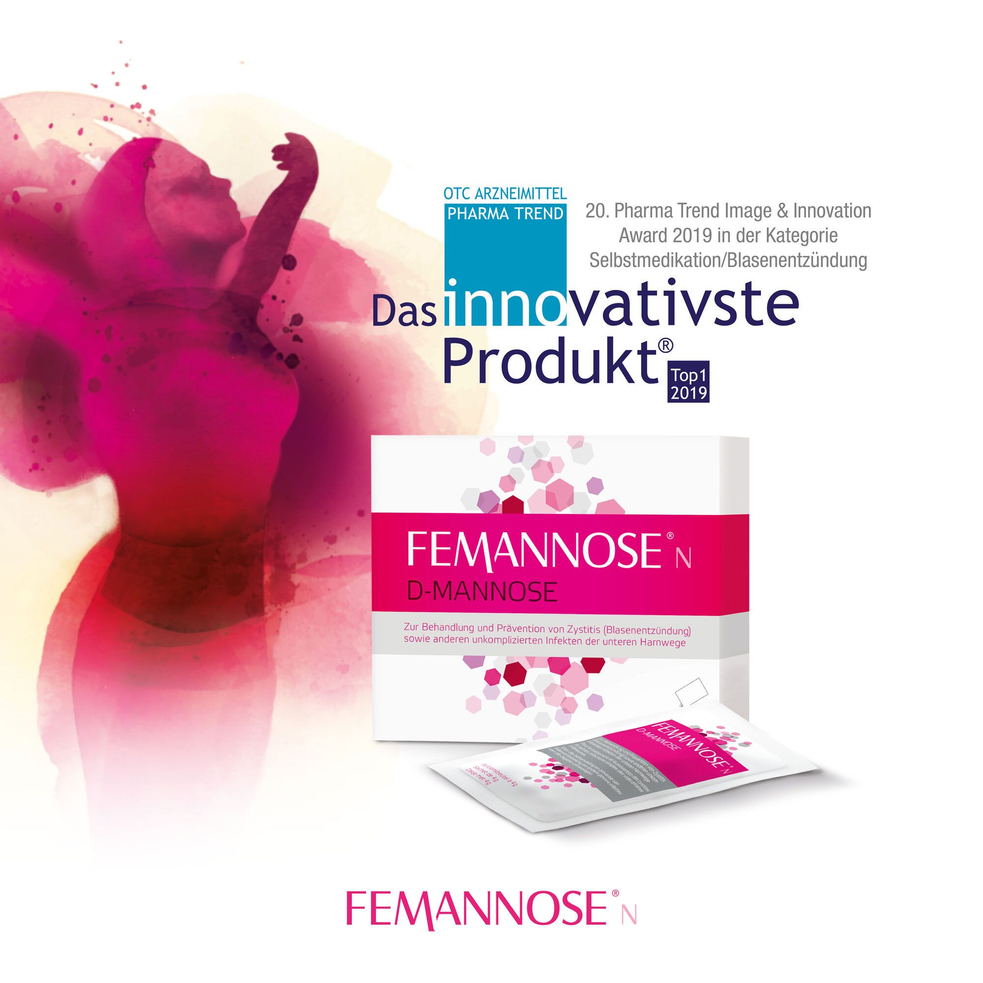 FEMANNOSE® N Packung und Beutel. Text: Das innovativste Produkt. Auszeichnung.