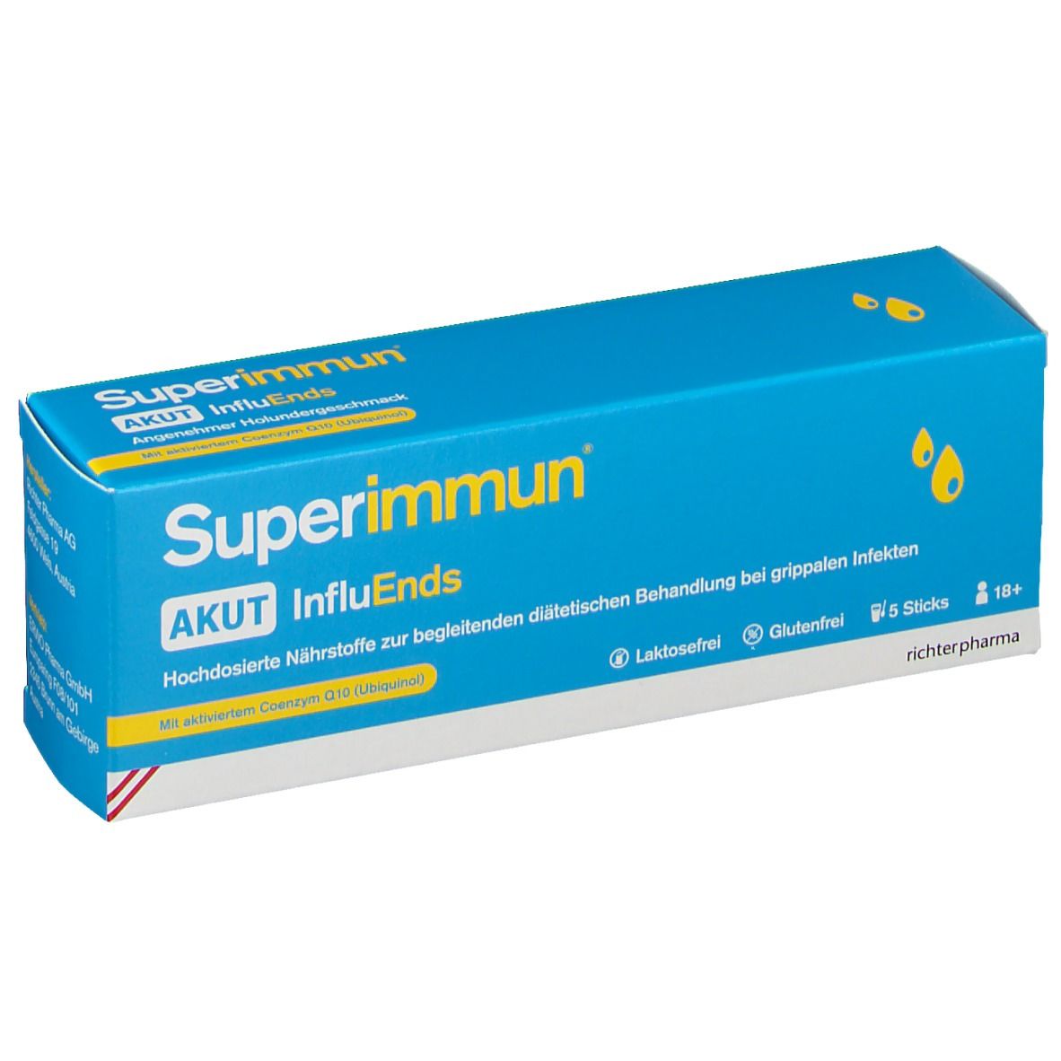Blau-weiße Schachtel mit "Superimmun" und "AKUT InfluEnds" Aufschrift. Enthält 5 Sticks. Laktosefrei und glutenfrei.