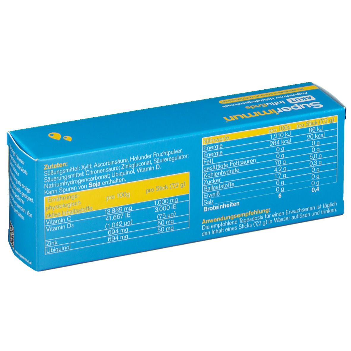 Rückseite der blauen Schachtel mit Nährwertangaben und Zutatenliste. Enthält Informationen pro 100g und pro Stick.