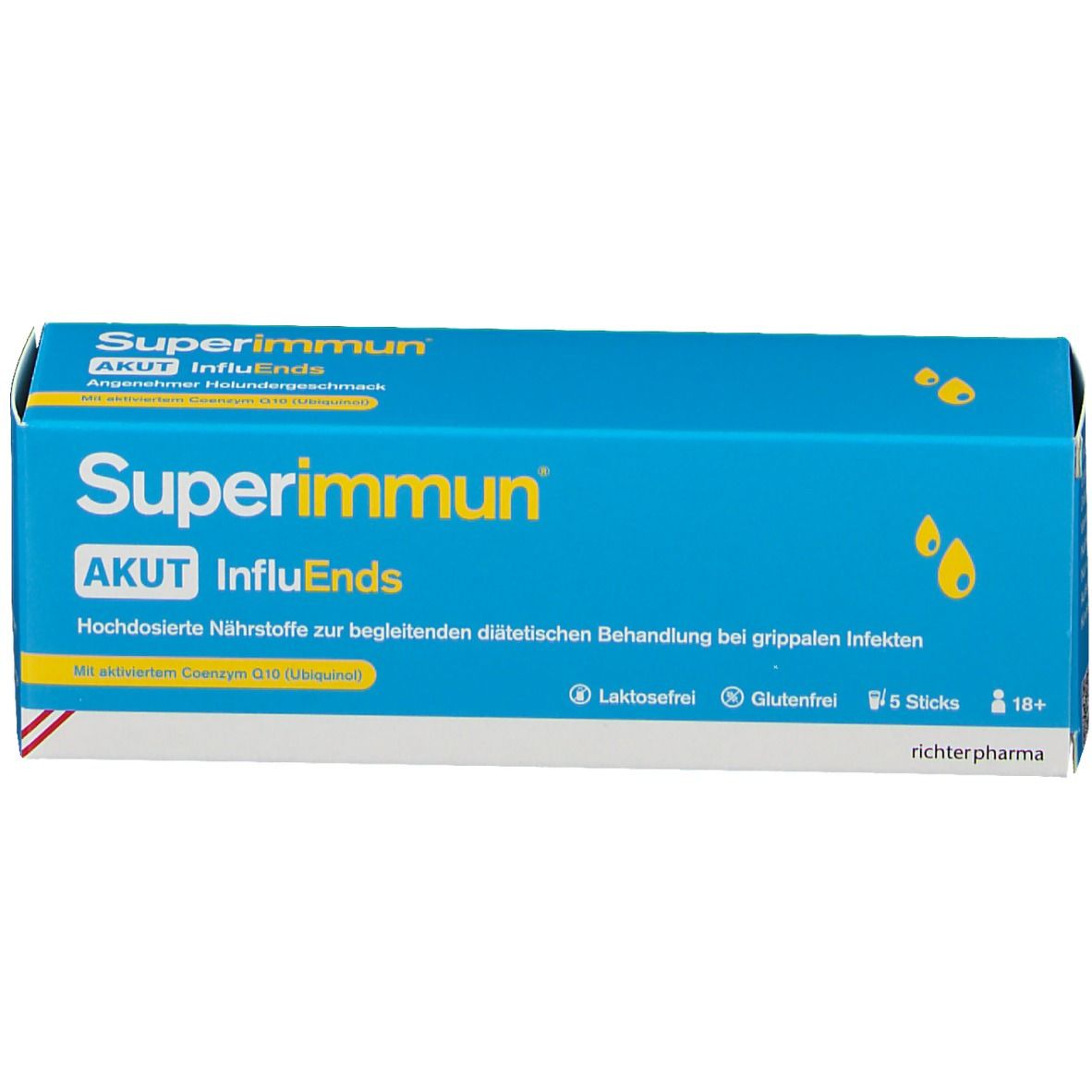 Blaue Schachtel mit "Superimmun" und "AKUT InfluEnds" Aufschrift. Enthält 5 Sticks. Laktosefrei und glutenfrei.