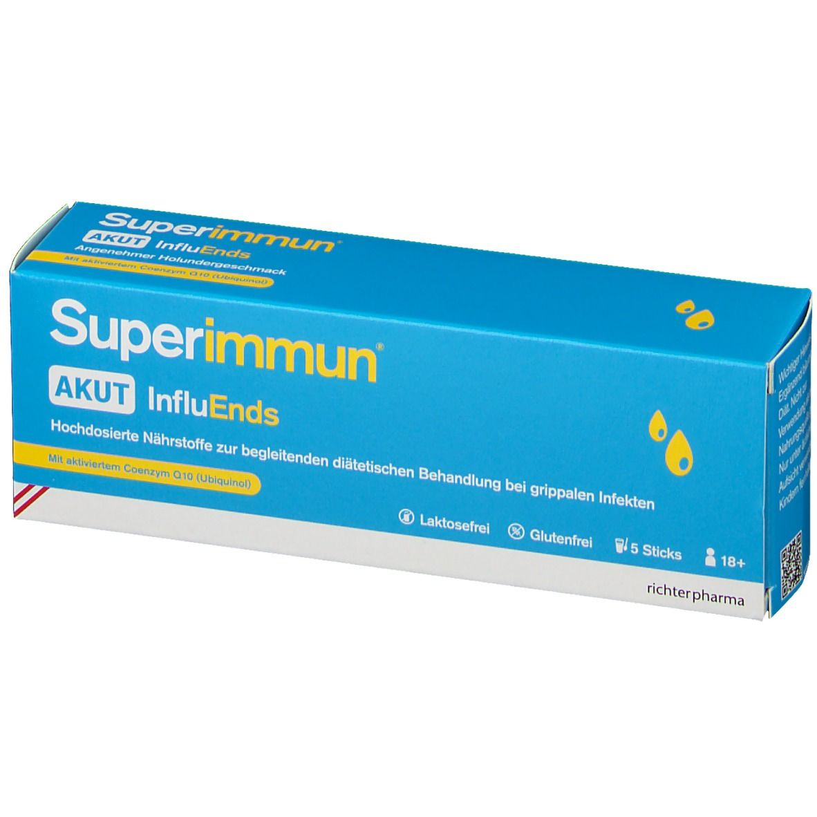 Blaue Schachtel mit "Superimmun" und "AKUT InfluEnds" Aufschrift. Enthält 5 Sticks. Laktosefrei und glutenfrei.