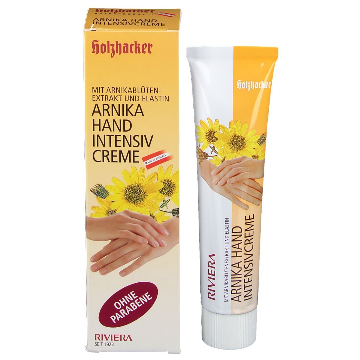 Verpackung und Tube. Verpackung: gelb, Text: Arnika Hand Intensivcreme, Sonnenblumen, Hände.