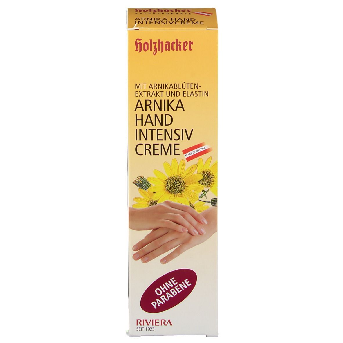 Verpackung, gelb. Text: Arnika Hand Intensivcreme, Sonnenblumen, Hände. Logo: Ohne Parabene.
