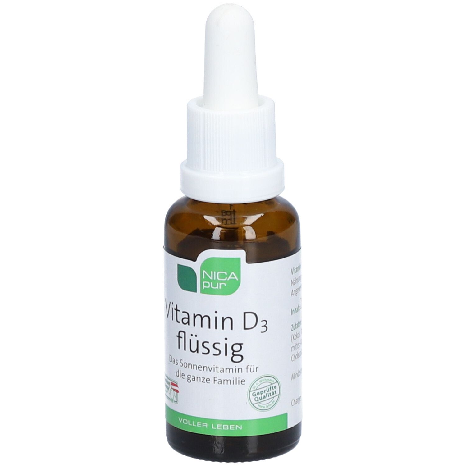 Braune Glasflasche mit weißem Schraubverschluss und Pipette. Etikett mit Produktnamen und Logo.