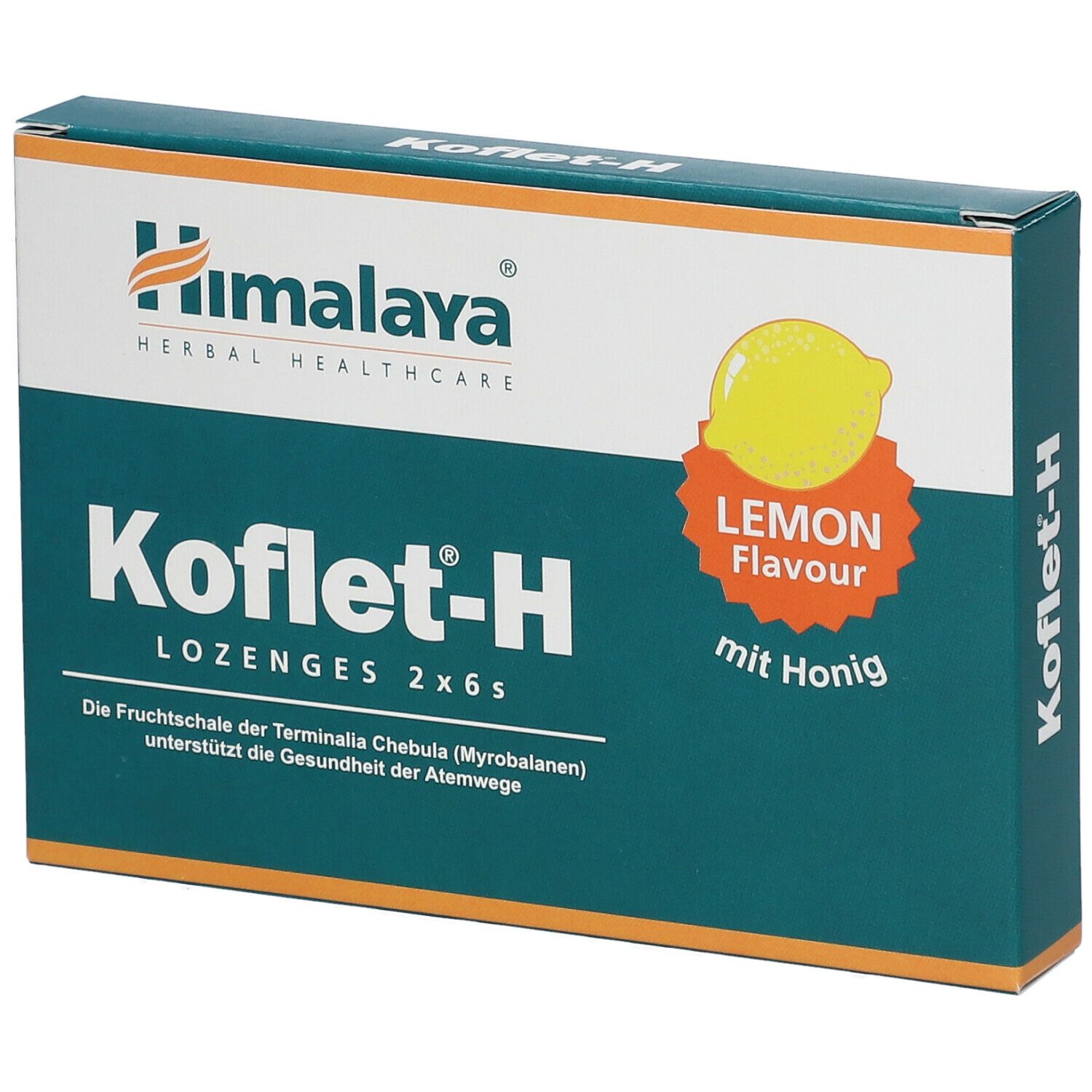 Koflet-H Lozenges 2x6, Zitrone-Honig. Verpackung mit Himalaya-Logo, Zitrone-Illustration. Text: Herbal Healthcare.