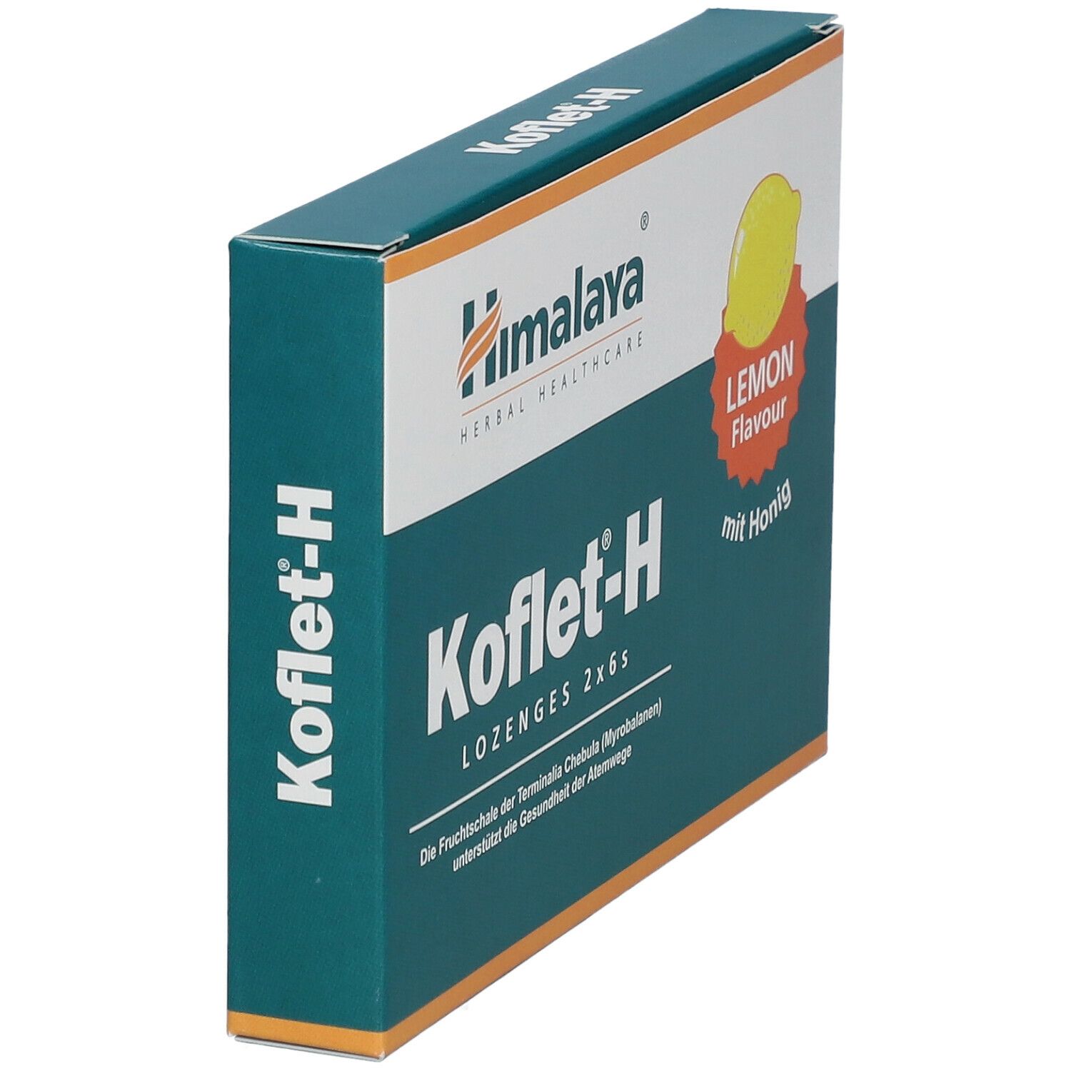Koflet-H Lozenges 2x6, Zitrone-Honig. Verpackung, schräg. Himalaya-Logo, Zitrone-Illustration. Text: Herbal Healthcare.