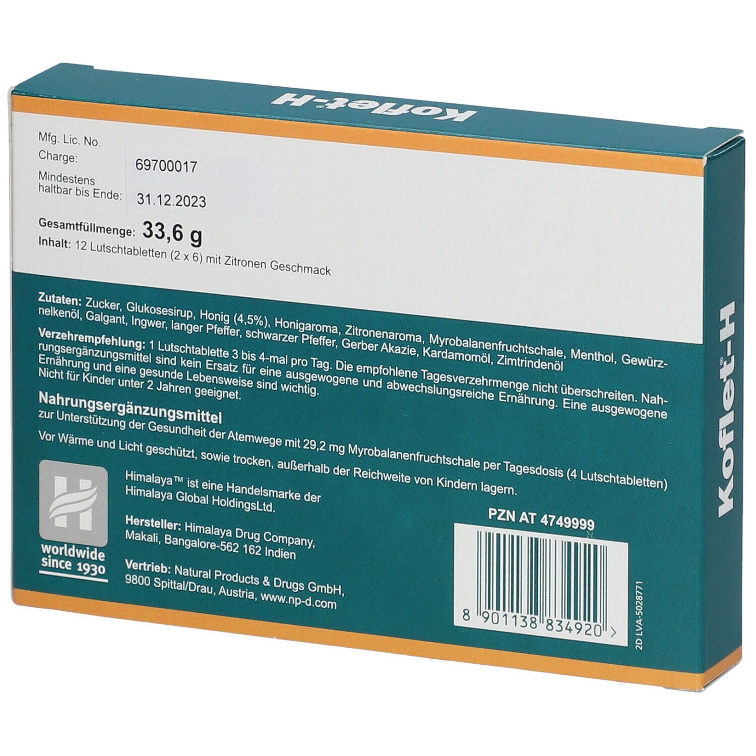 Rückseite der Koflet-H Lozenges-Verpackung. Text: Zutaten, Verzehrempfehlung, Nährwertangaben, Himalaya-Logo, Mindesthaltbarkeit.