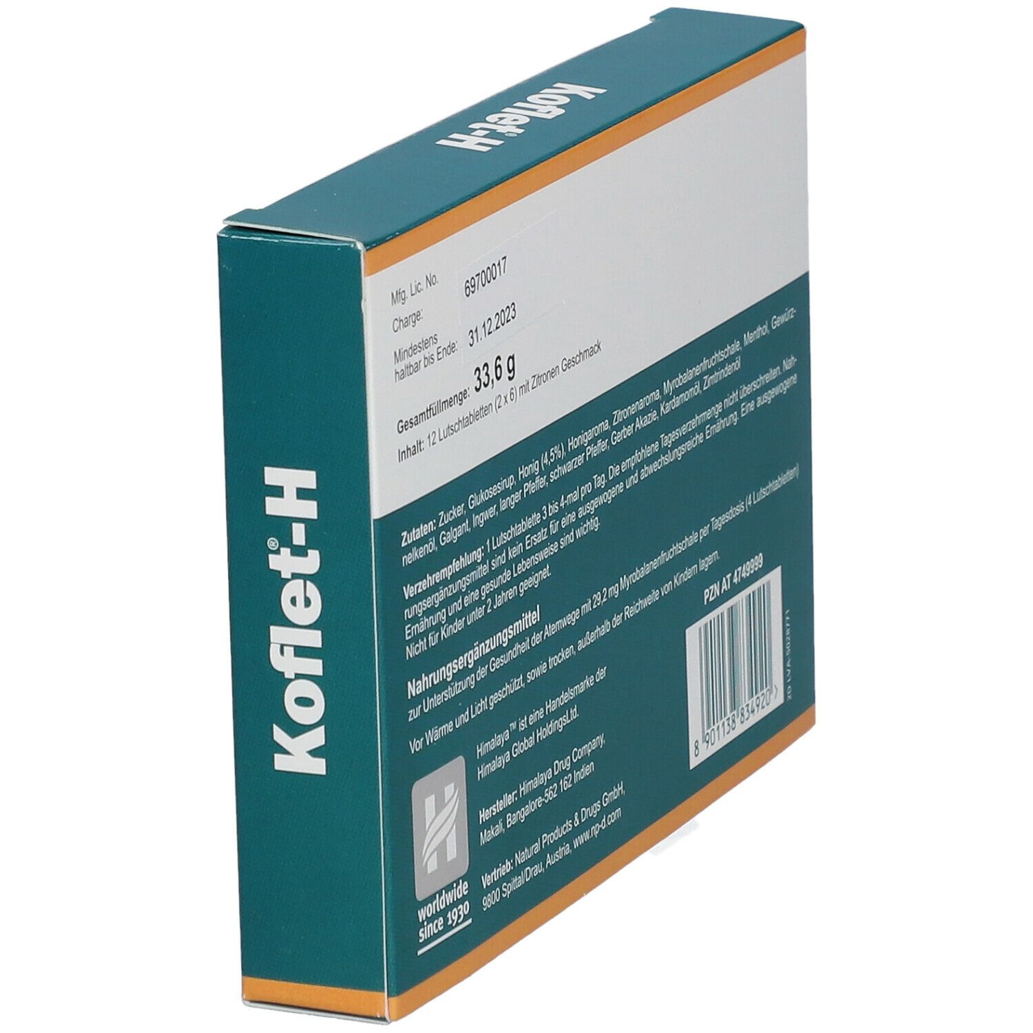 Rückseite der Koflet-H Lozenges-Verpackung, schräg. Text: Zutaten, Verzehrempfehlung, Nährwertangaben, Himalaya-Logo, Mindesthaltbarkeit.