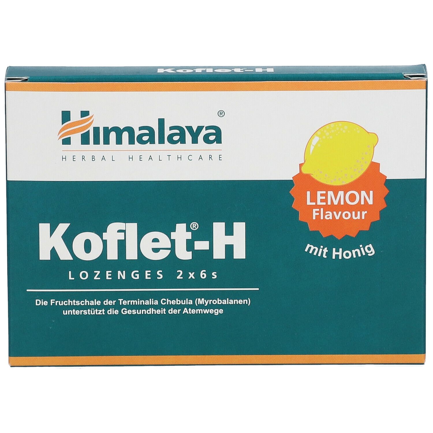 Koflet-H Lozenges 2x6, Zitrone-Honig. Verpackung mit Himalaya-Logo, Zitrone-Illustration. Text: Herbal Healthcare.