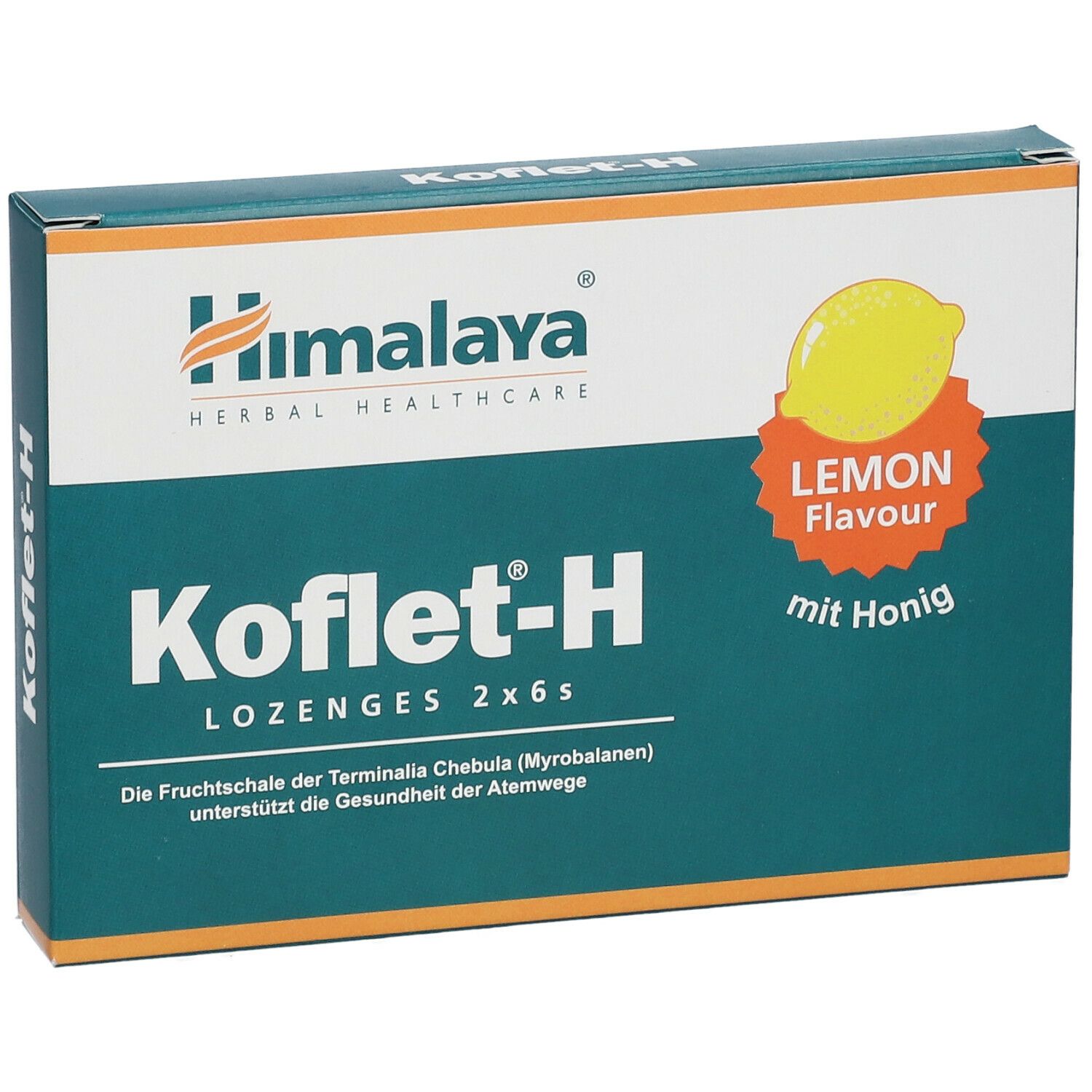 Koflet-H Lozenges 2x6, Zitrone-Honig. Verpackung mit Himalaya-Logo, Zitrone-Illustration. Text: Herbal Healthcare.