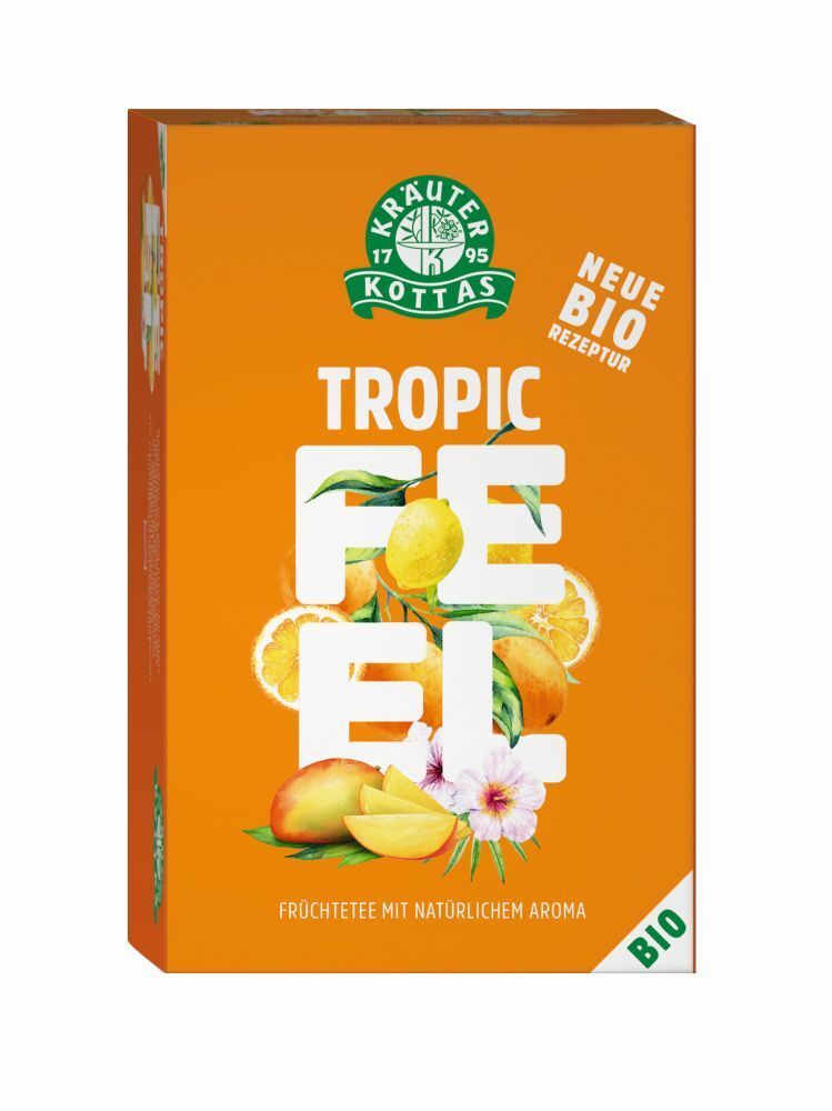 Orangefarbene Schachtel mit Aufdruck. Enthält Früchtetee mit natürlichem Aroma. Logo von Kräuter Kottas.