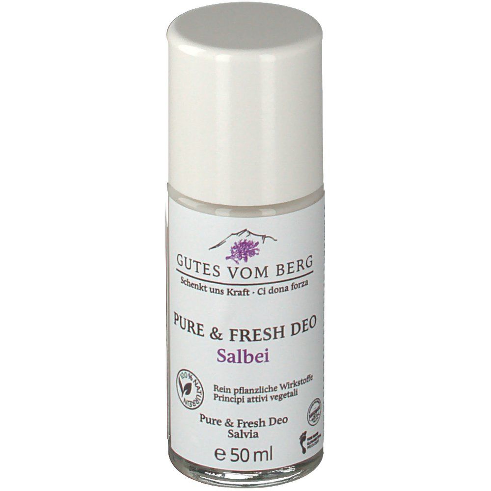 Deo-Roller mit weißem Deckel. Etikett mit Produktnamen, Logo und Inhaltsangaben. Vegan-Siegel.