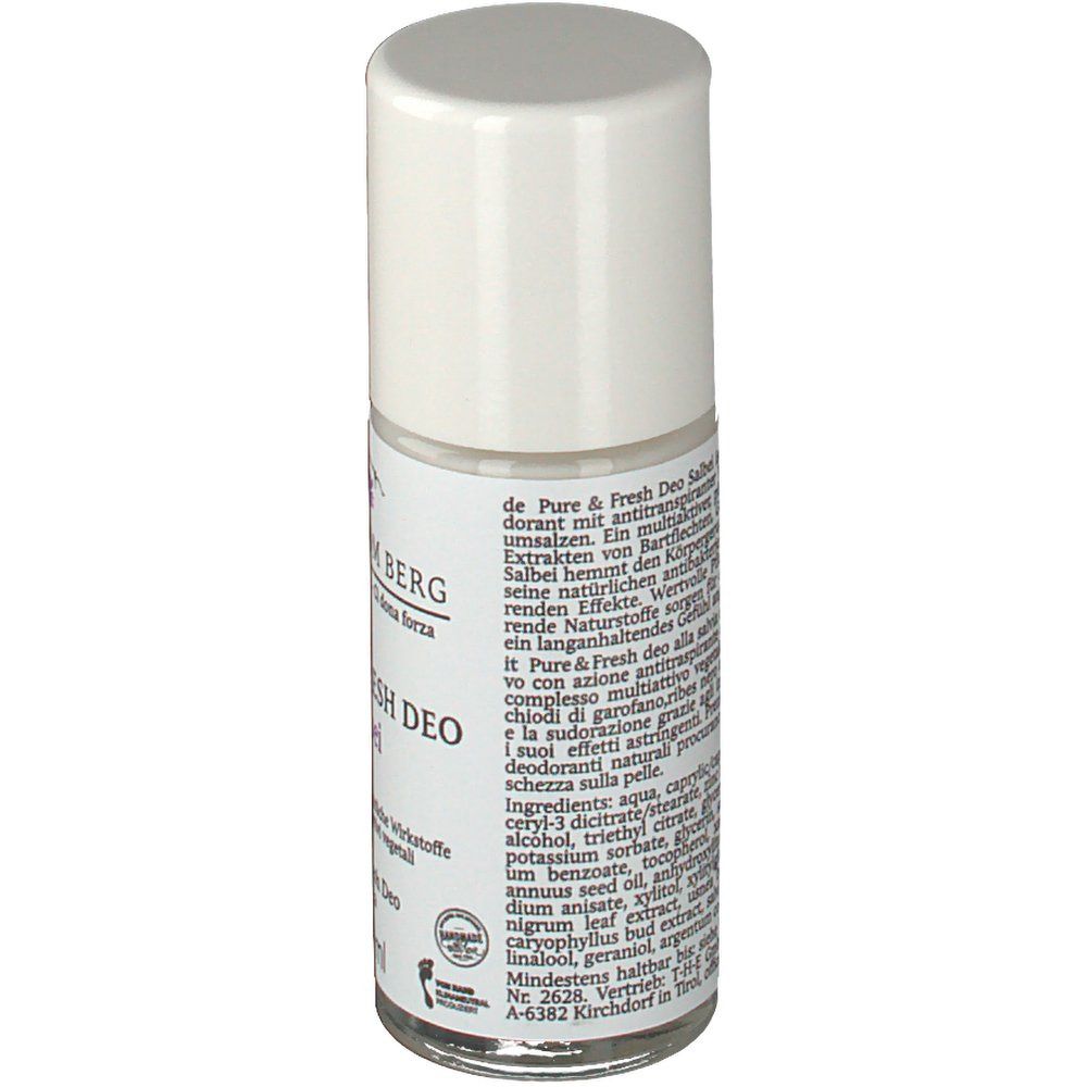 Deo-Roller, Rückseite. Etikett mit Produktinformationen und Inhaltsstoffen. Weißer Deckel.