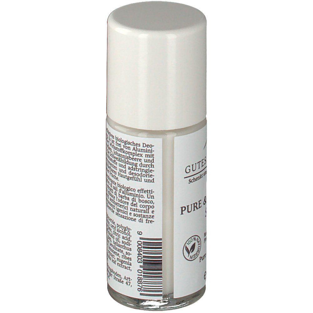 Deo-Roller, seitliche Ansicht. Etikett mit Produktinformationen und Barcode. Weißer Deckel.