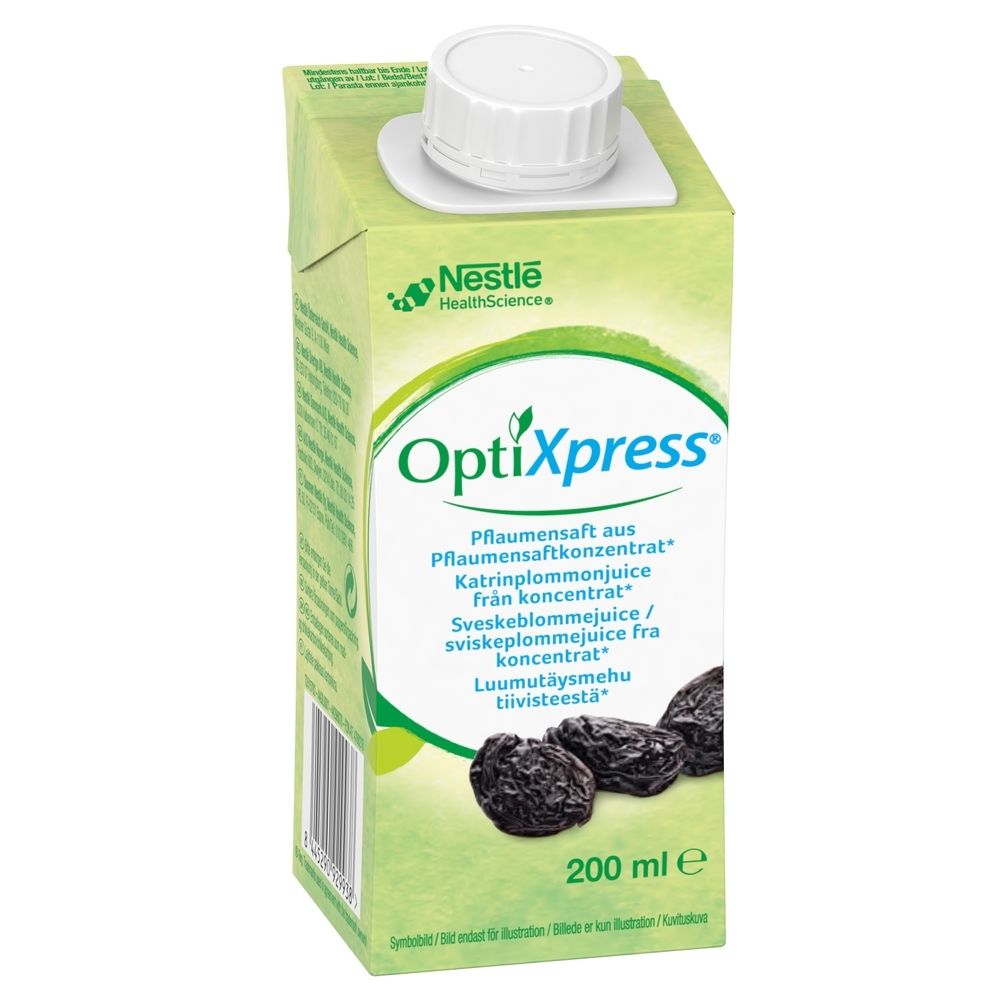 Jus OptiXpress® Pflaume. Emballage Tetrapack avec bouchon à vis. Prunes et nom du produit. 200 ml.