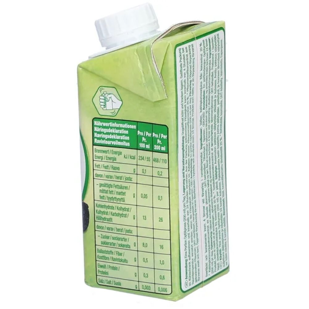Emballage de jus OptiXpress® Pflaume. Dos avec informations nutritionnelles. Bouchon à vis. Emballage vert.