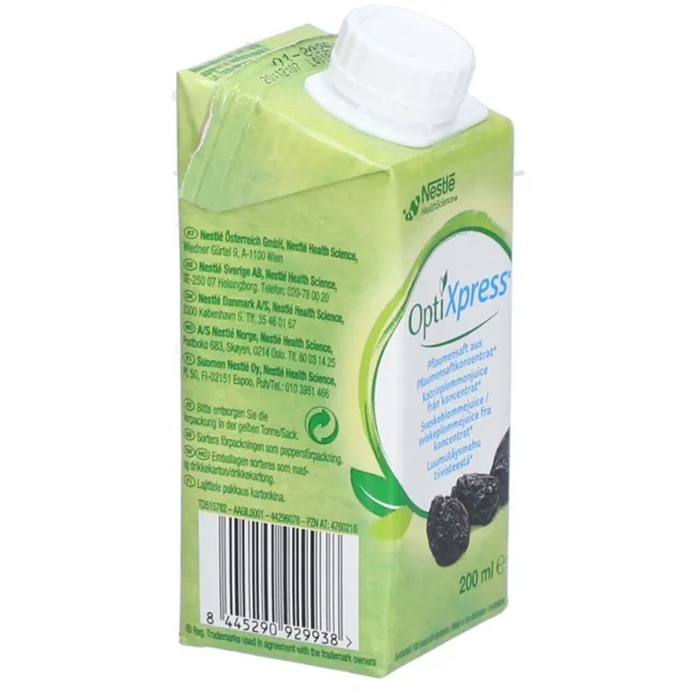 Emballage de jus OptiXpress® Pflaume. Vue latérale avec informations fabricant. Bouchon à vis. Emballage vert.