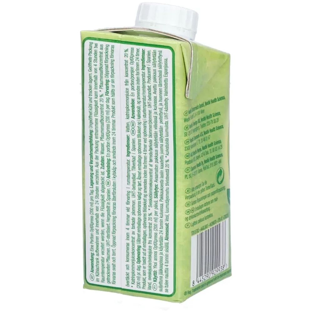 Emballage de jus OptiXpress® Pflaume. Dos avec texte. Bouchon à vis. Emballage vert.