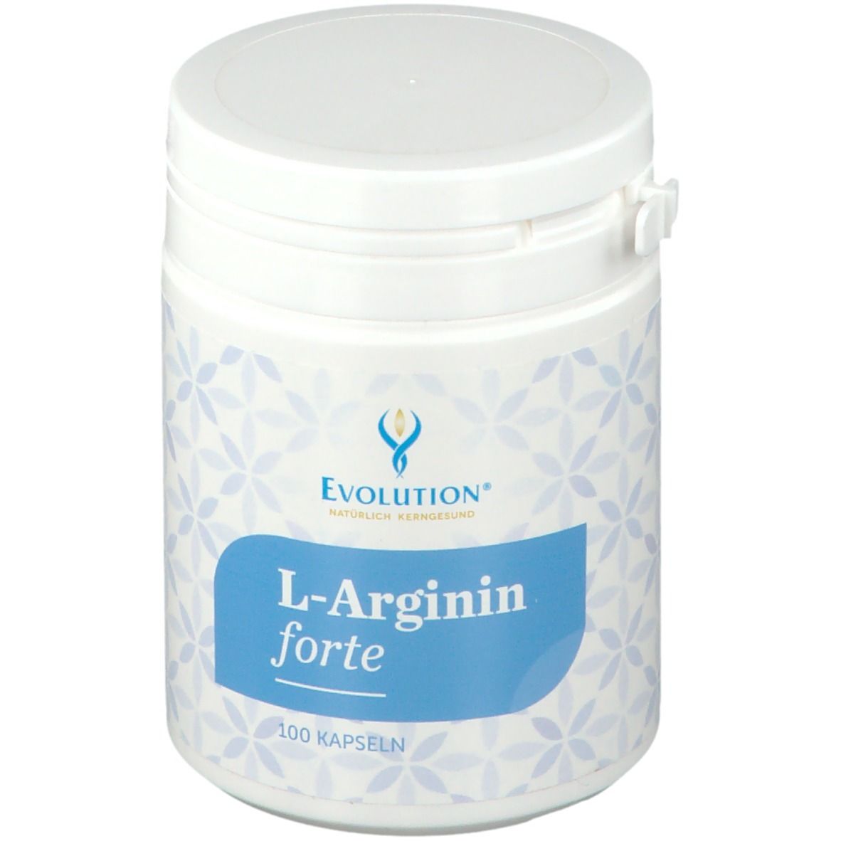 Weiße Dose mit blauem Etikett. Aufschrift: L-Arginin forte, 100 Kapseln. Logo: Evolution.