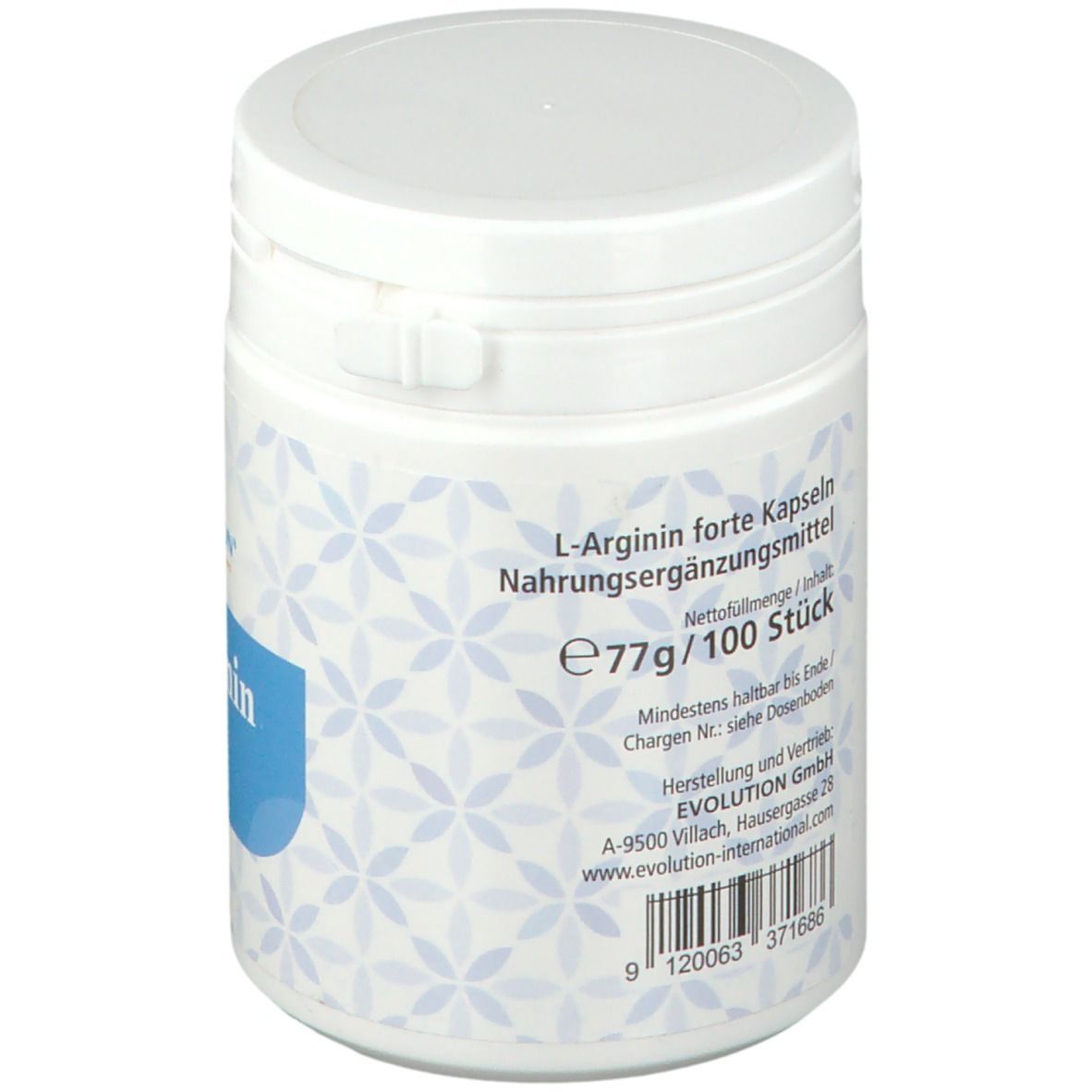 Weiße Dose mit blauer Aufschrift. Text: L-Arginin forte Kapseln, Nahrungsergänzungsmittel. Rückseite mit Inhaltsangaben.