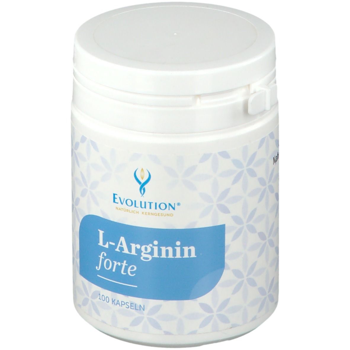 Weiße Dose mit blauem Etikett. Aufschrift: L-Arginin forte, 100 Kapseln. Logo: Evolution.