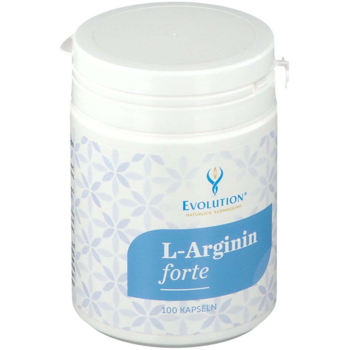 Weiße Dose mit blauem Etikett. Aufschrift: L-Arginin forte, 100 Kapseln. Logo: Evolution.
