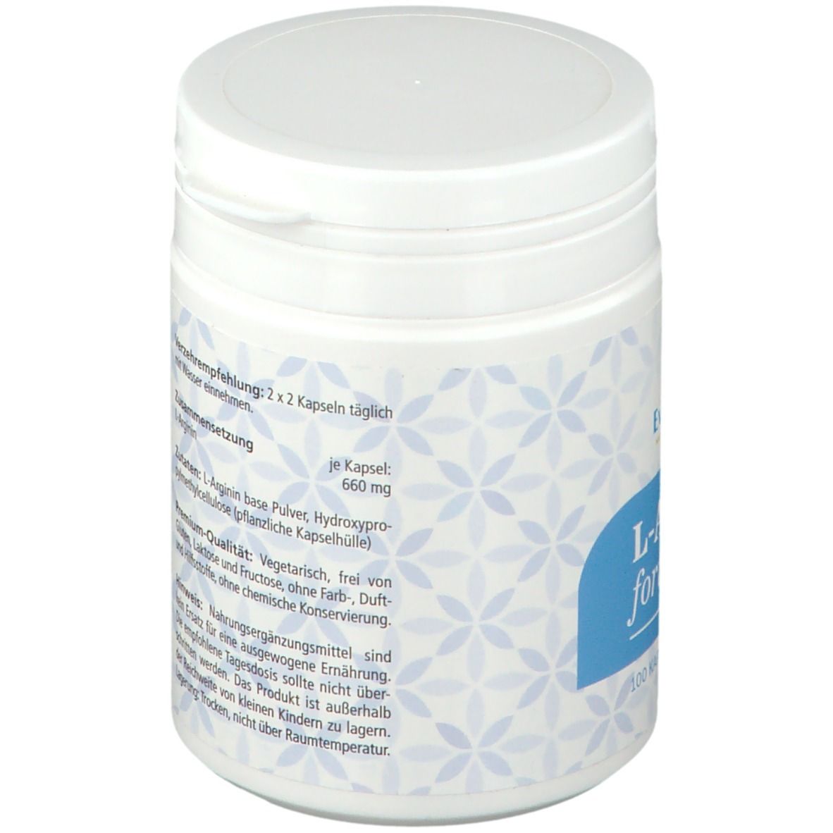 Weiße Dose mit blauem Etikett. Aufschrift: L-Arginin forte. Rückseite mit Inhaltsangaben und Dosierungsempfehlung.