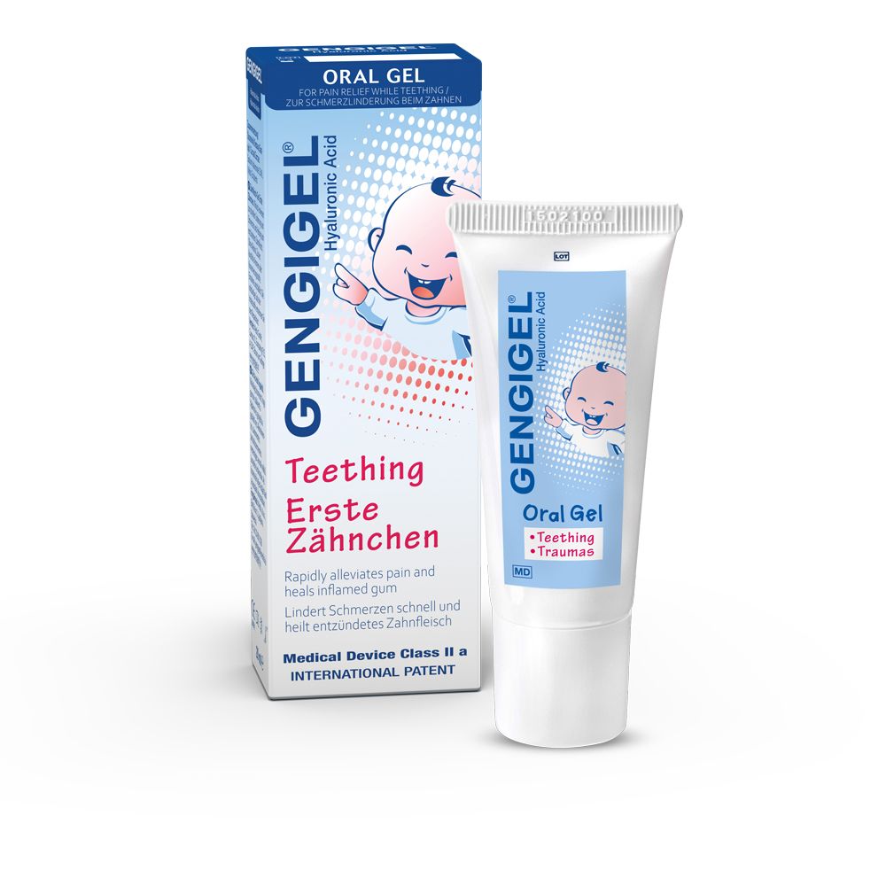 Zahnfleisch-Gel und Schachtel. Aufschrift: GENGIGEL® Erste Zähnchen. Enthält Hyaluronsäure. Medizinprodukt.