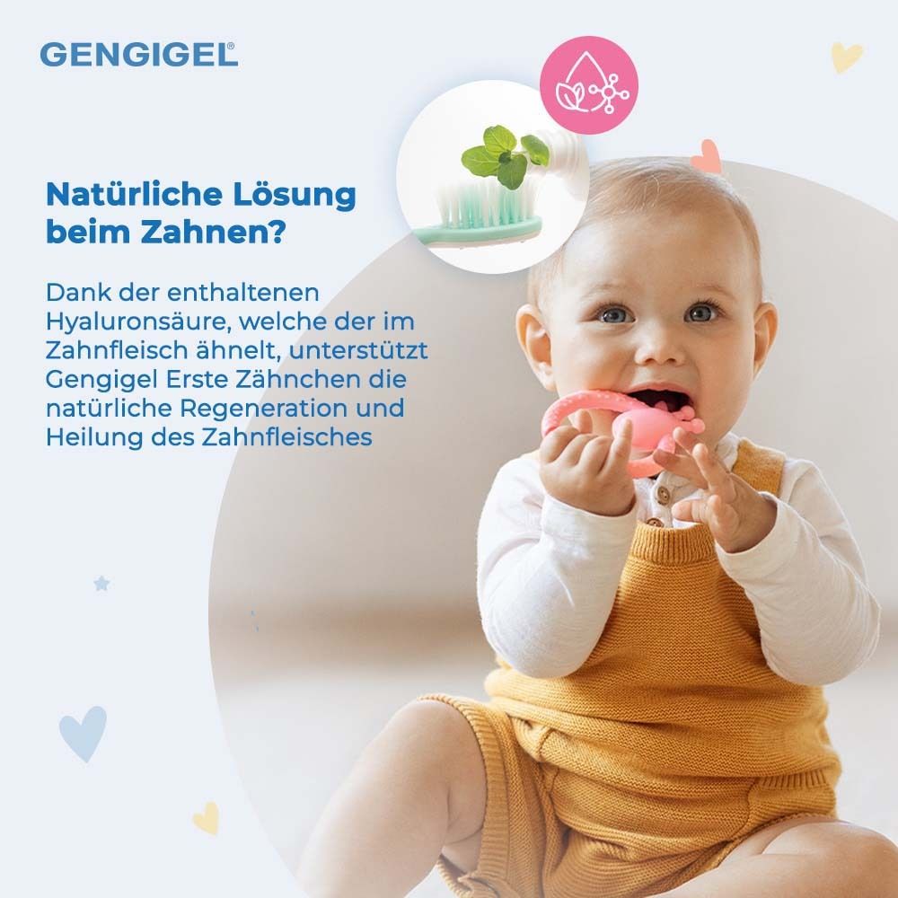 Baby mit Spielzeug im Mund. Text: Natürliche Lösung beim Zahnen. Enthält Hyaluronsäure.