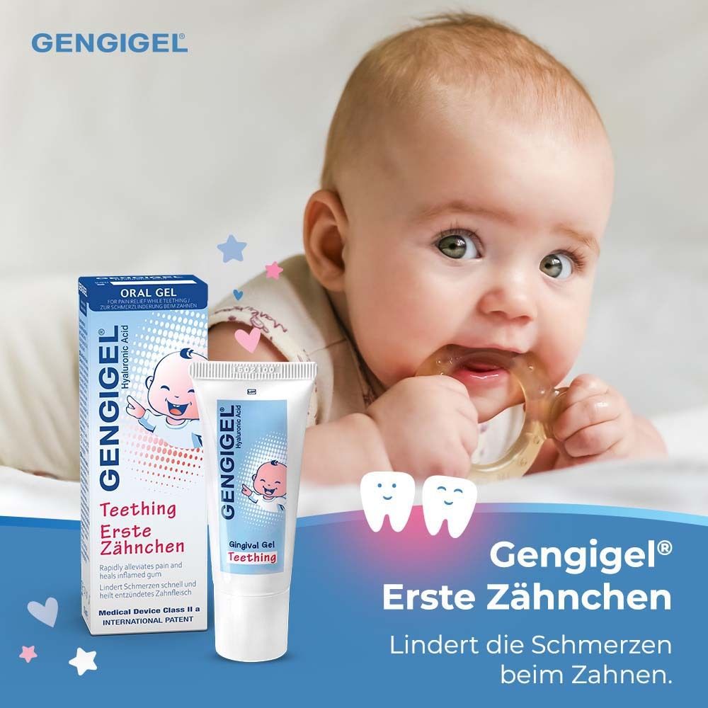 Baby mit Gel und Schachtel. Text: Gengigel® Erste Zähnchen. Lindert Schmerzen beim Zahnen.