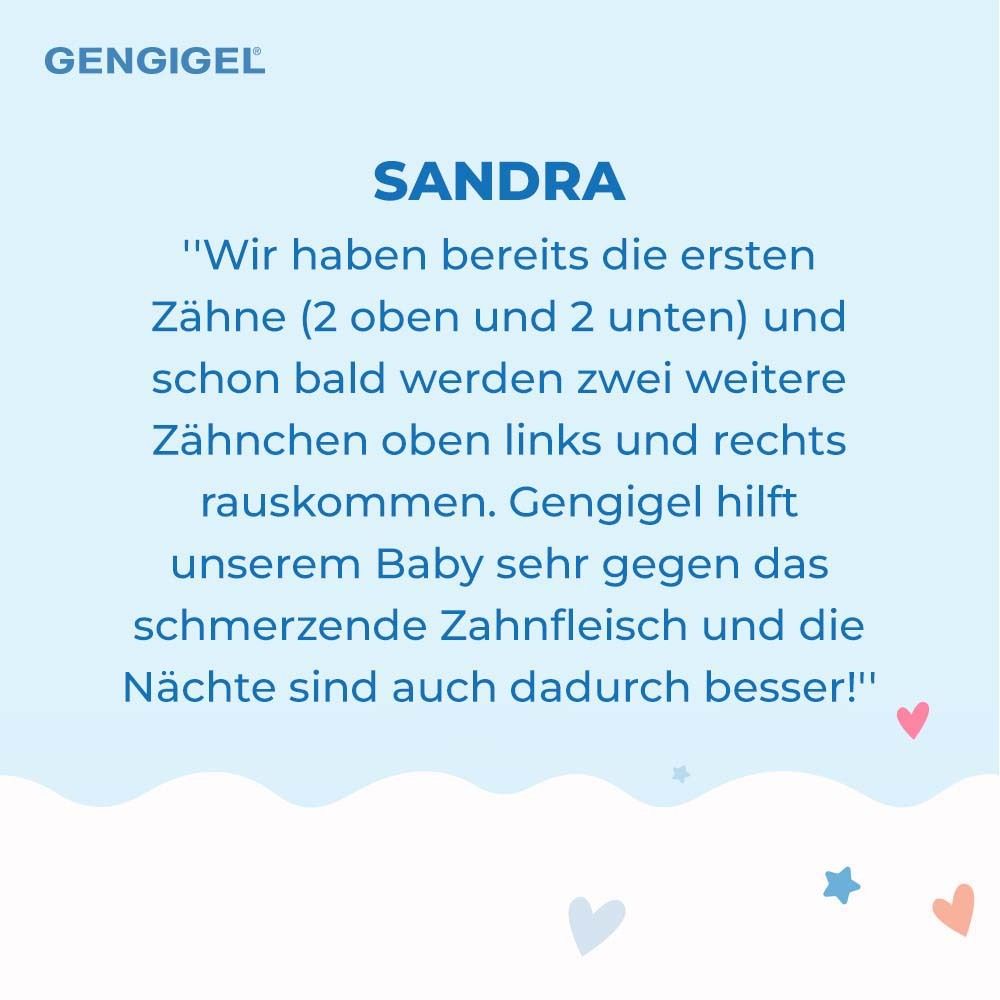 Text: Sandra. Zähne (2 oben, 2 unten). Gengigel hilft gegen schmerzendes Zahnfleisch.