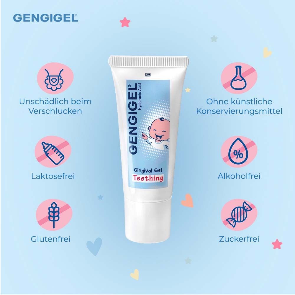 Gengigel® Gel. Text: Unschädlich beim Verschlucken, laktosefrei, glutenfrei, zuckerfrei, alkoholfrei.