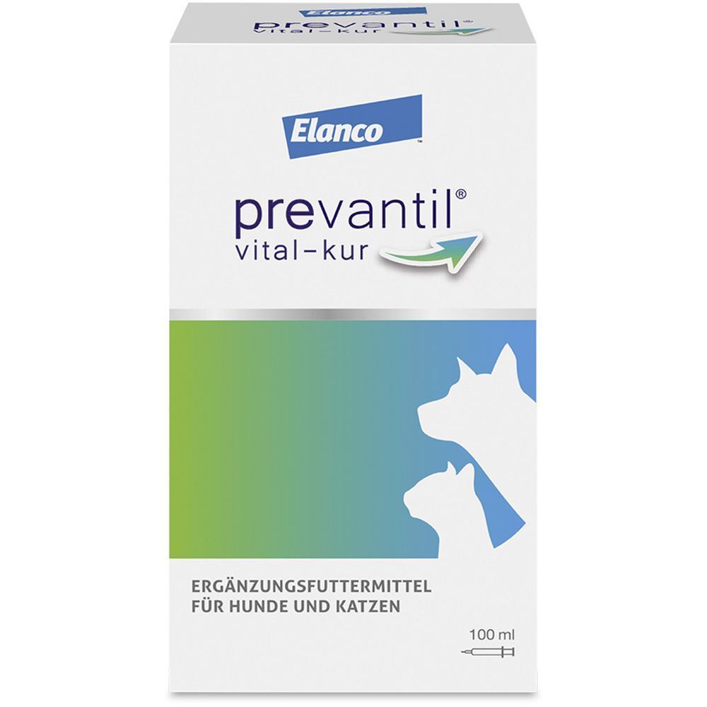 Weiße Verpackung von Prevantil Vital-Kur. Elanco-Logo oben. Produktname und grüne Pfeil-Grafik. Silhouetten von Hund und Katze.