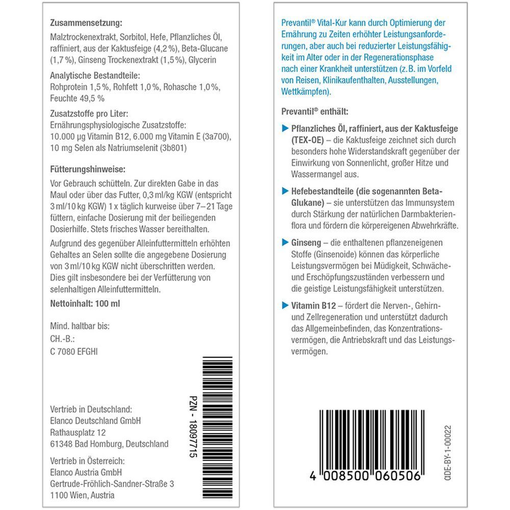 Rückseite der Prevantil Vital-Kur Verpackung. Auflistung der Inhaltsstoffe, Fütterungshinweise und Herstellerinformationen. 100 ml Flasche.