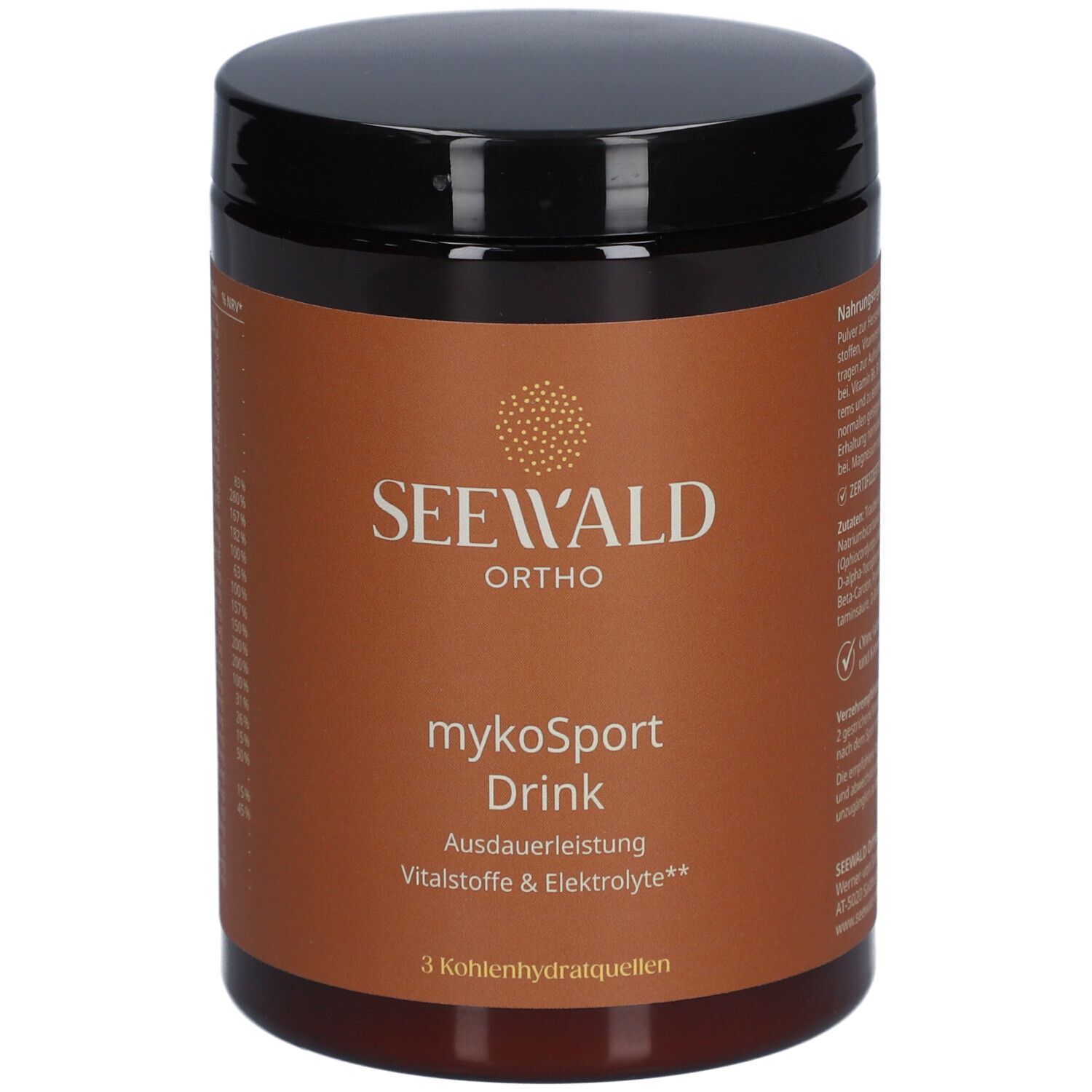 Braune Dose mit schwarzem Deckel. Aufschrift: SEEWALD ORTHO, mykoSport Drink, Ausdauerleistung, Vitalstoffe & Elektrolyte.