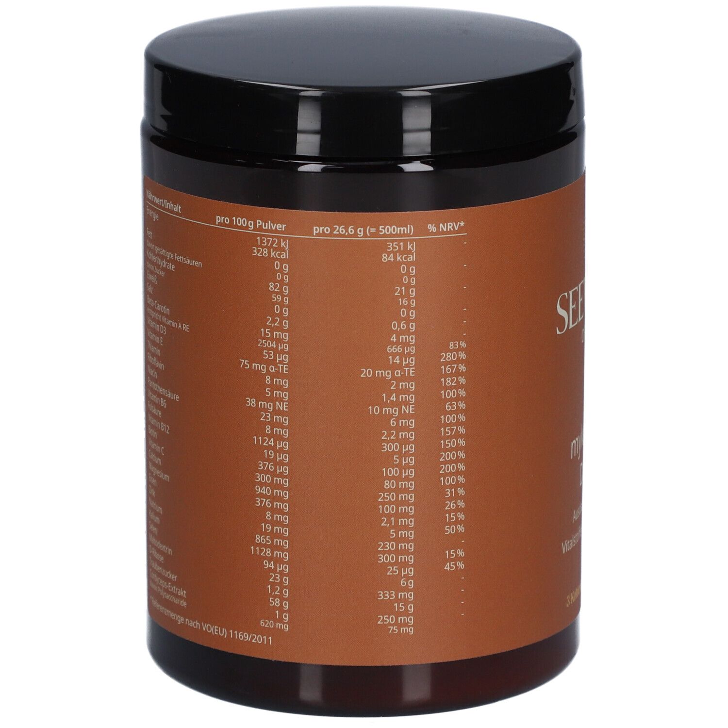 Braune Dose mit schwarzem Deckel. Nährwerttabelle auf der Rückseite. Angaben pro 100g Pulver und pro 26,6g (=500ml).