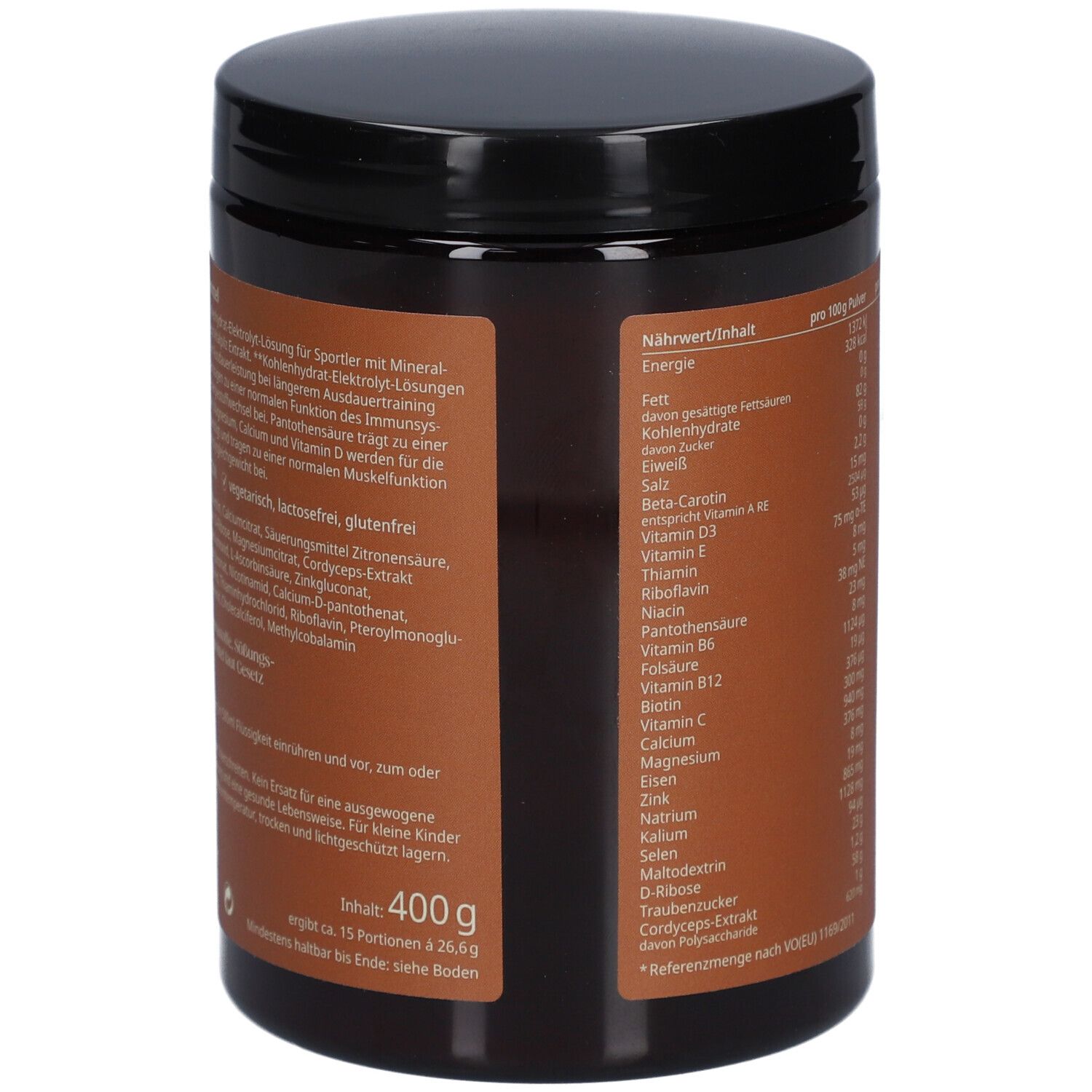 Braune Dose mit schwarzem Deckel. Rückseite mit Inhaltsangaben, Zutaten und weiteren Informationen. Inhalt: 400 g.