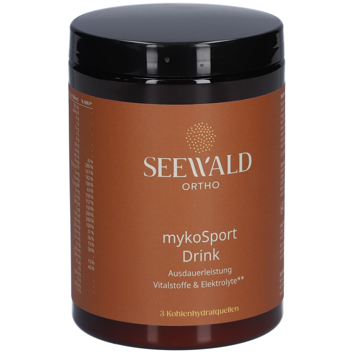 Braune Dose mit schwarzem Deckel. Aufschrift: SEEWALD ORTHO, mykoSport Drink, Ausdauerleistung, Vitalstoffe & Elektrolyte.