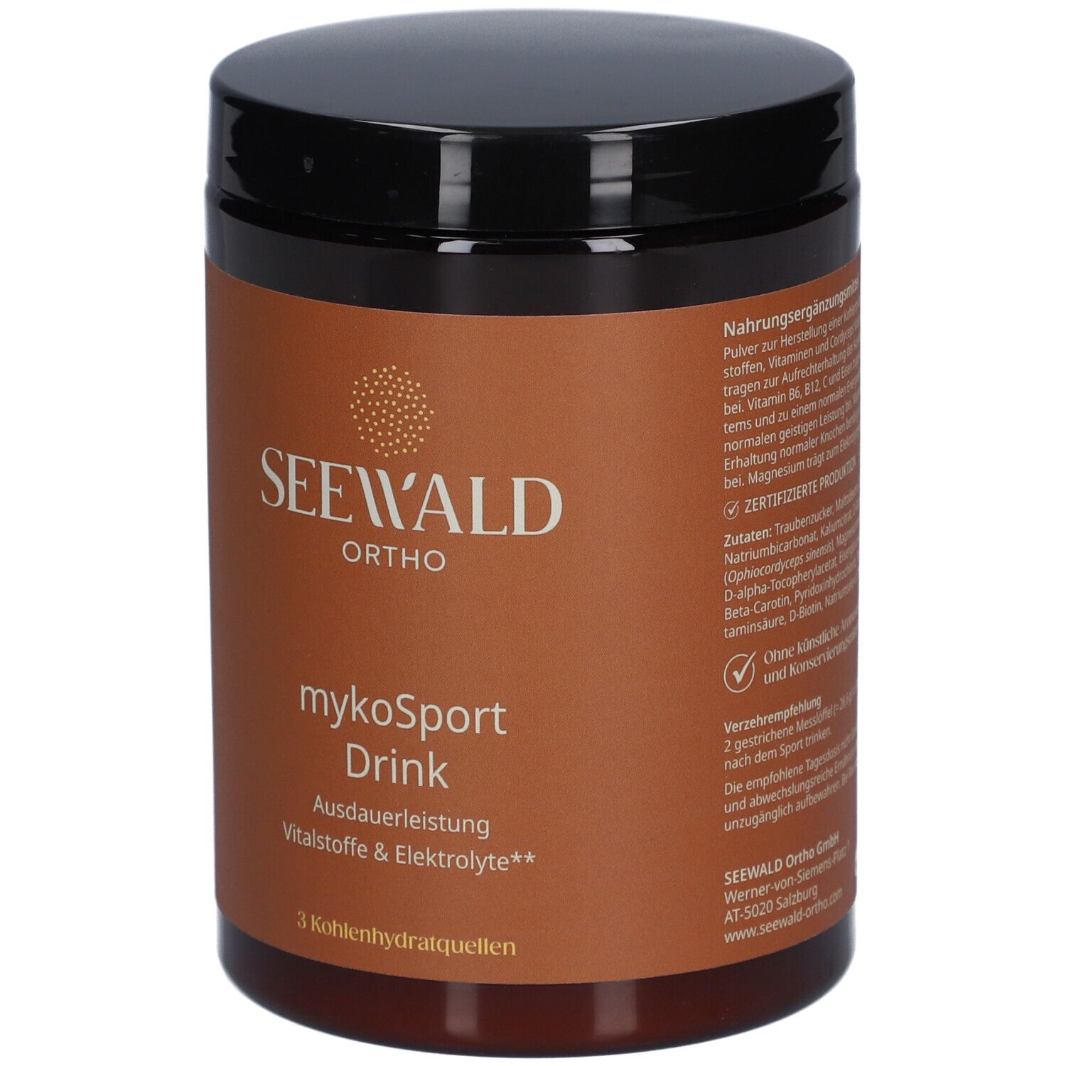 Braune Dose mit schwarzem Deckel. Aufschrift: SEEWALD ORTHO, mykoSport Drink, Ausdauerleistung, Vitalstoffe & Elektrolyte.