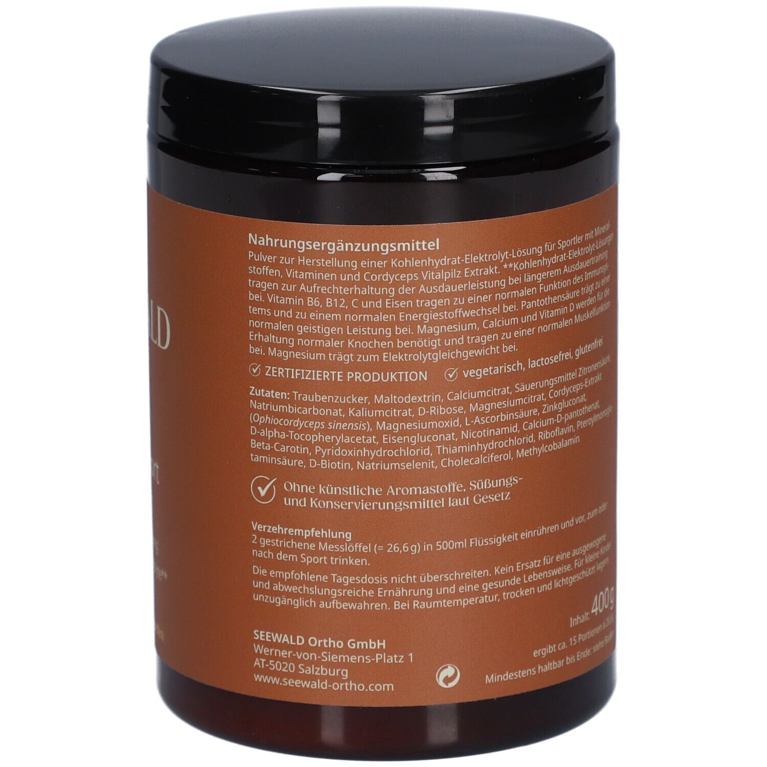 Braune Dose mit schwarzem Deckel. Rückseite mit Inhaltsangaben, Zutaten und weiteren Informationen. Inhalt: 400 g.