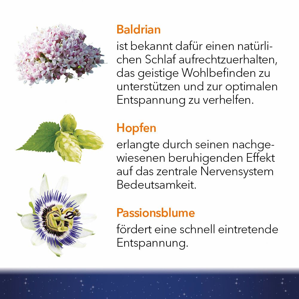 Abbildung von Baldrian, Hopfen und Passionsblume. Text beschreibt deren Wirkung.