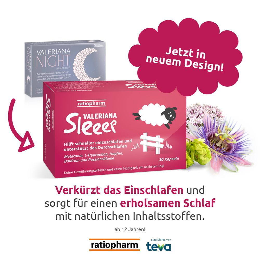 Produktabbildung von "Valeriana Sleeep" und "Valeriana Night". Text: "Jetzt in neuem Design!"
