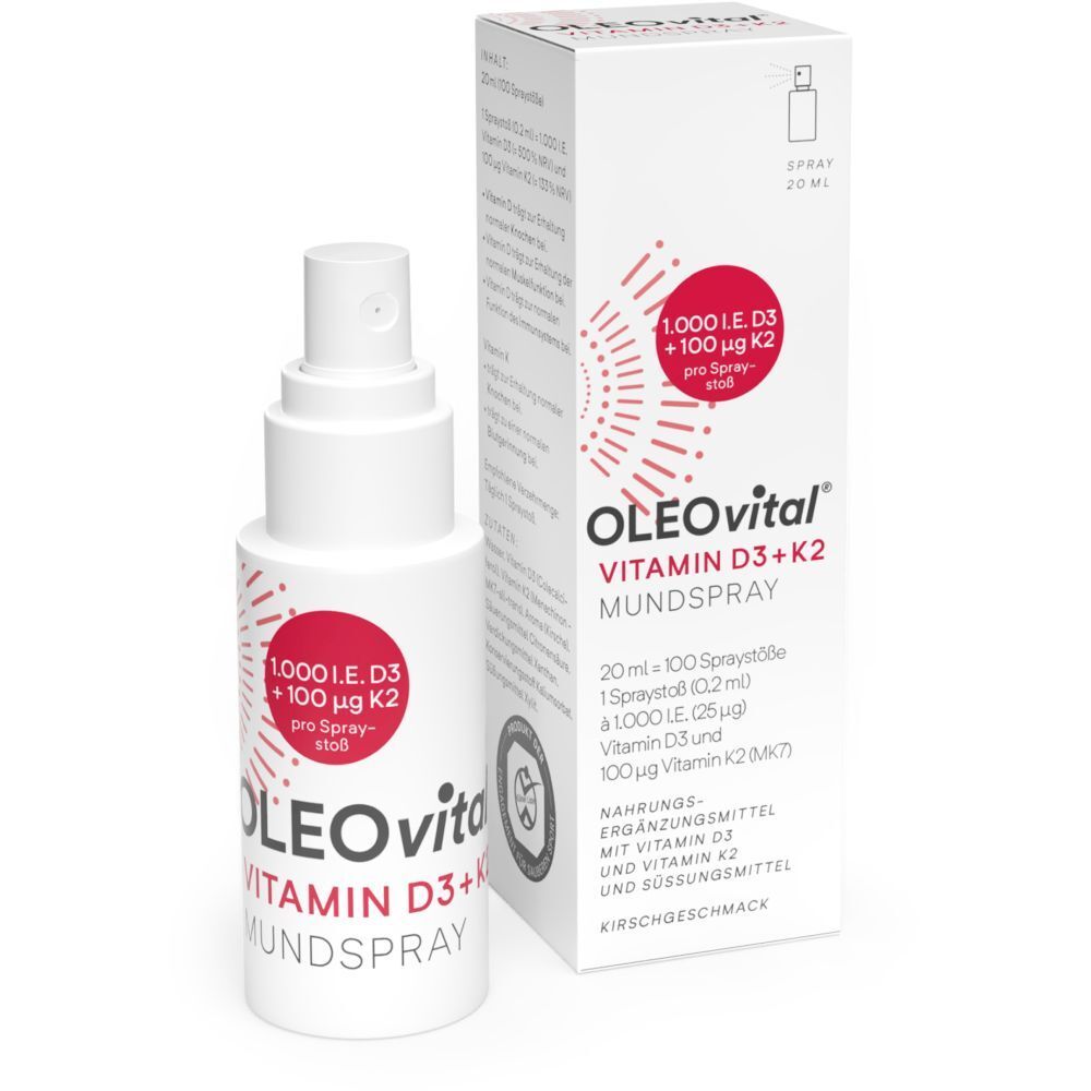 OLEOvital Vitamin D3+K2 Mundspray und Verpackung. Weiße Flasche mit Sprühkopf und rotem Kreis. 20 ml.
