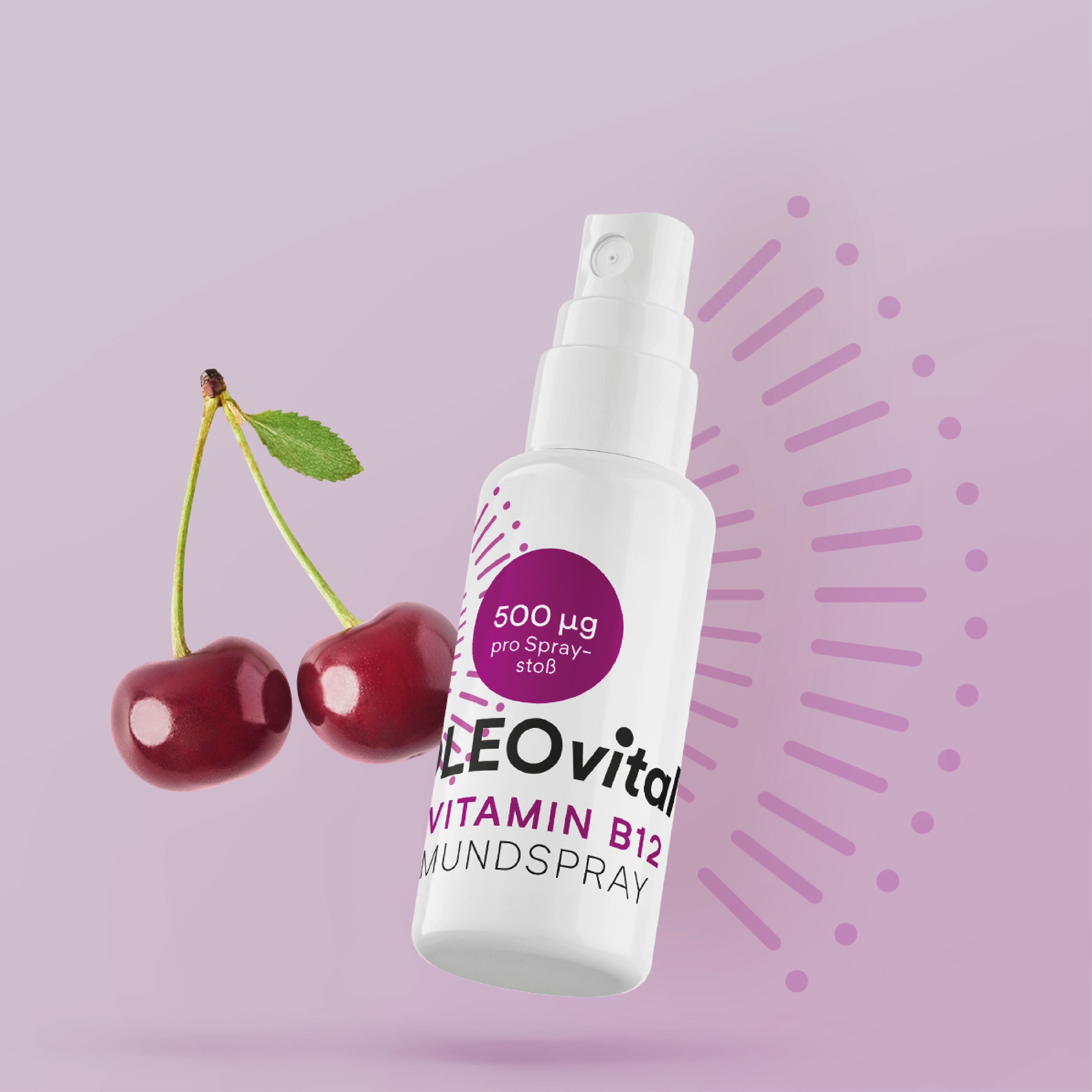 Weiße OLEOvital Vitamin B12 Mundspray-Flasche mit Kirschen. Enthält 500 µg pro Sprühstoß. Auf lila Hintergrund.