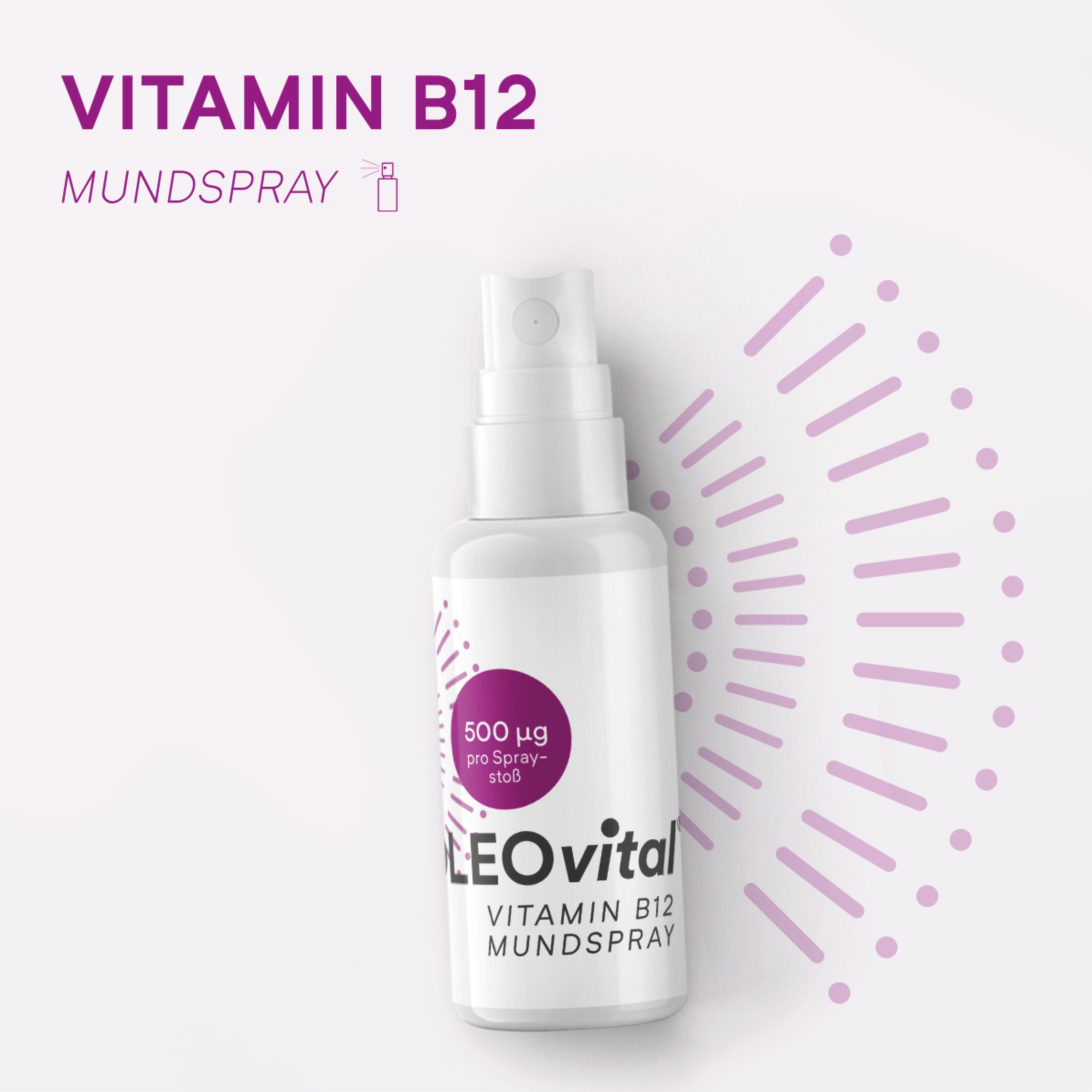 Weiße OLEOvital Vitamin B12 Mundspray-Flasche. Enthält 500 µg pro Sprühstoß. Auf weißem Hintergrund.